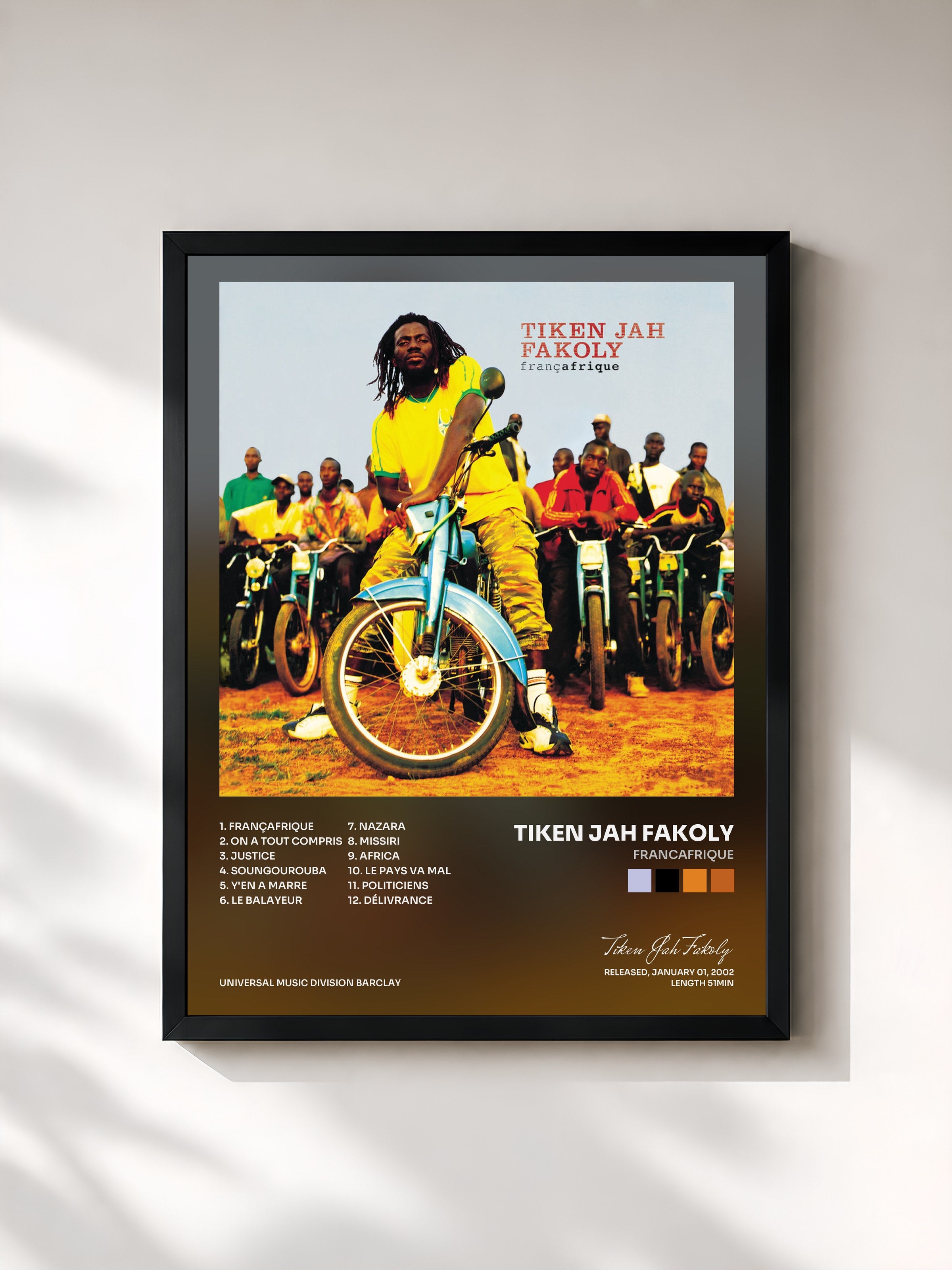 #noir Tableau de l'album Francafrique de Tiken Jah Fakoly, cadre noir, imprimé et encadré en France