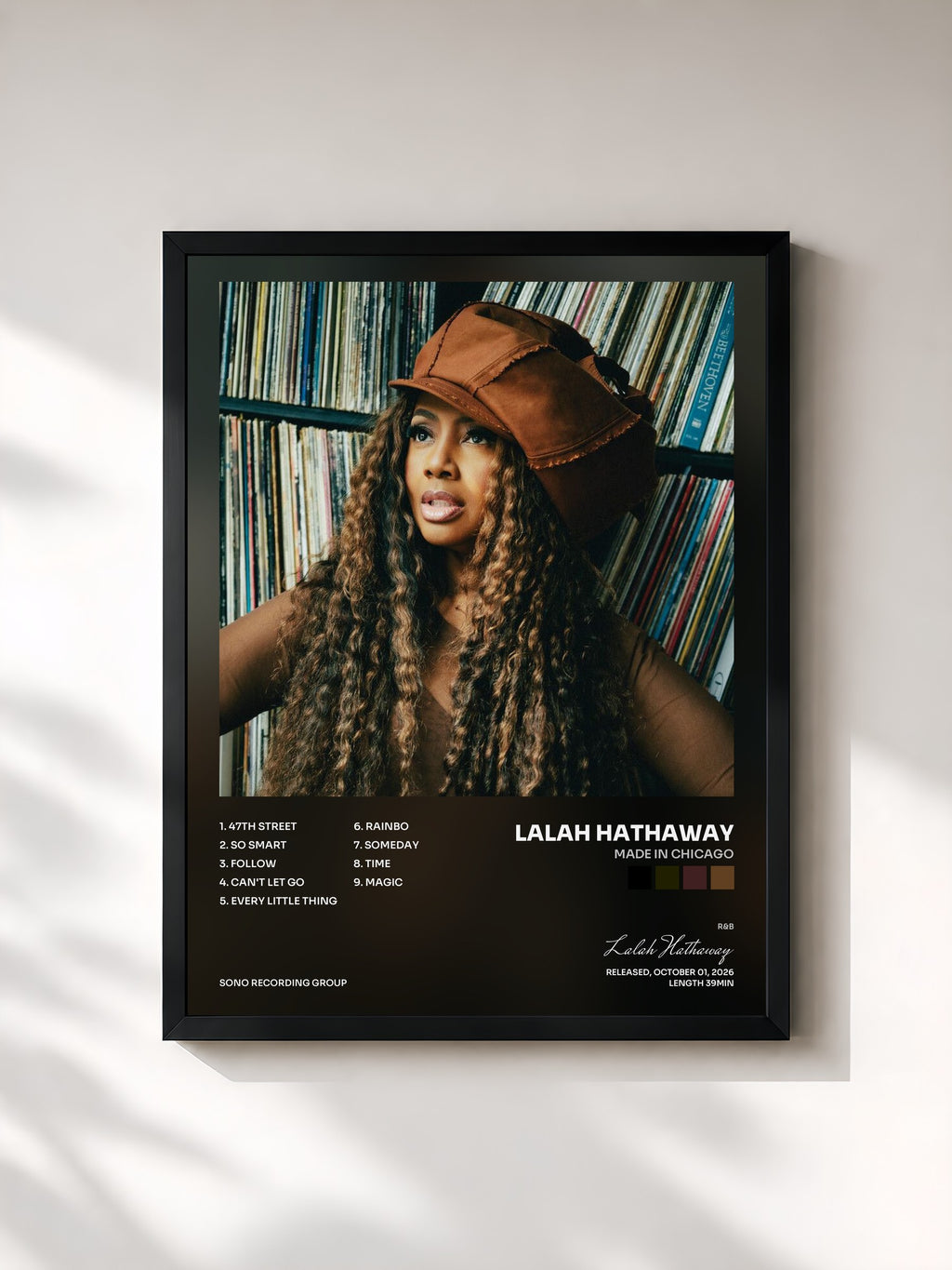 #noir Tableau de l'album Made In Chicago de Lalah Hathaway, cadre noir, imprimé et encadré en France