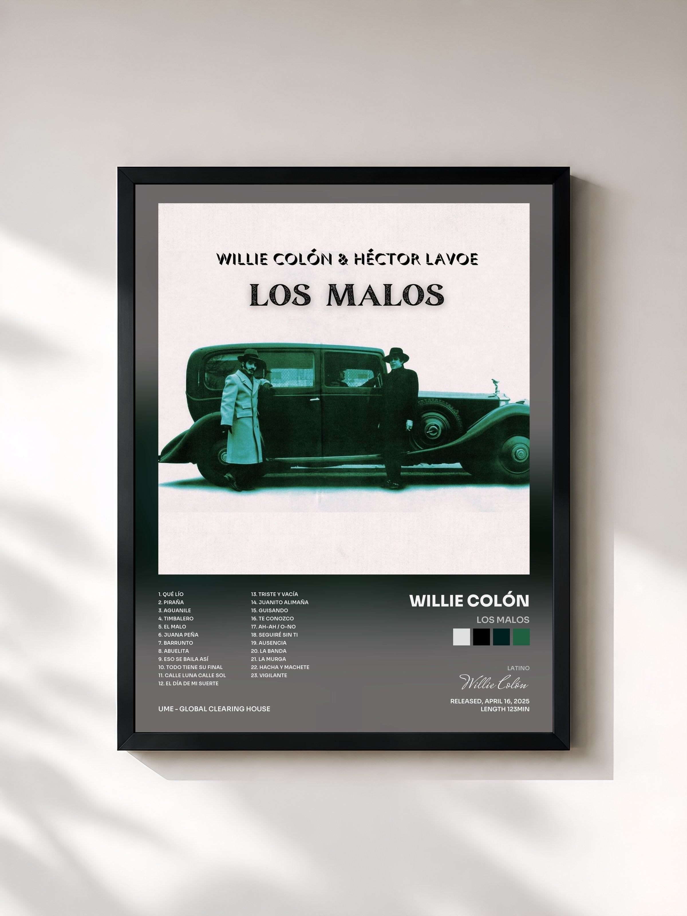 #noir Tableau de l'album Los Malos de Willie Colón, cadre noir, imprimé et encadré en France