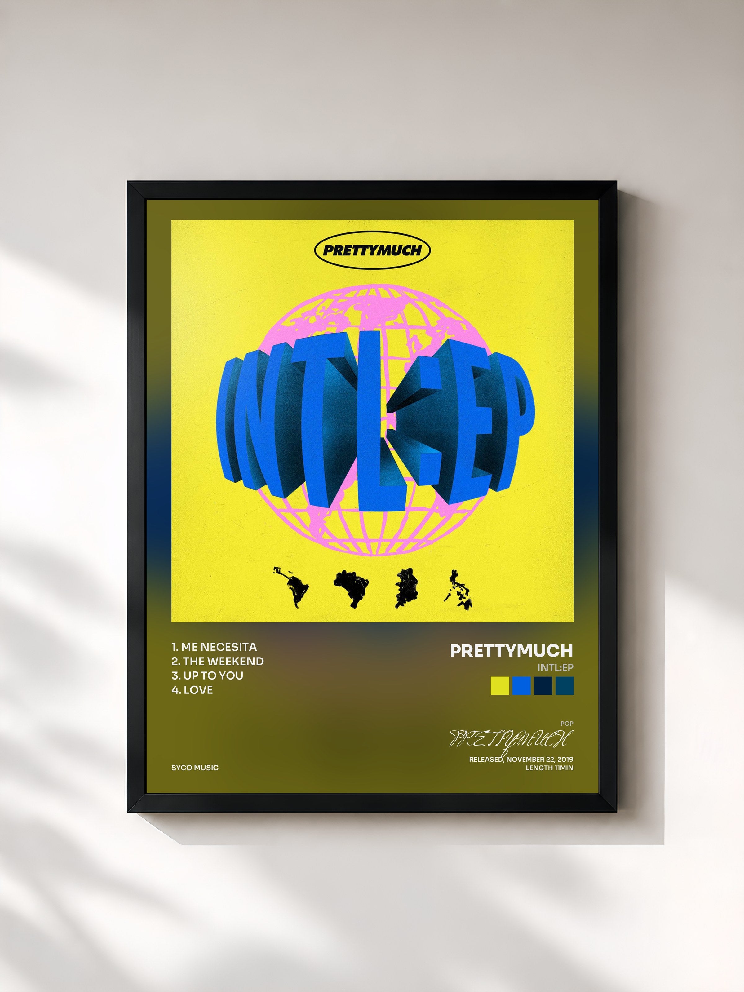 #noir Tableau de l'album INTL:EP de PRETTYMUCH, cadre noir, imprimé et encadré en France