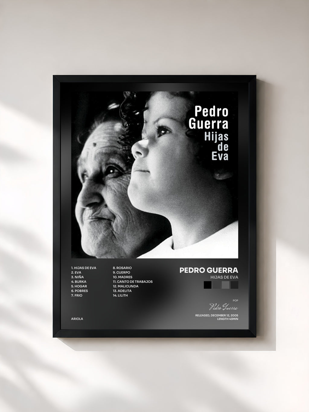 #noir Tableau de l'album Hijas De Eva de Pedro Guerra, cadre noir, imprimé et encadré en France