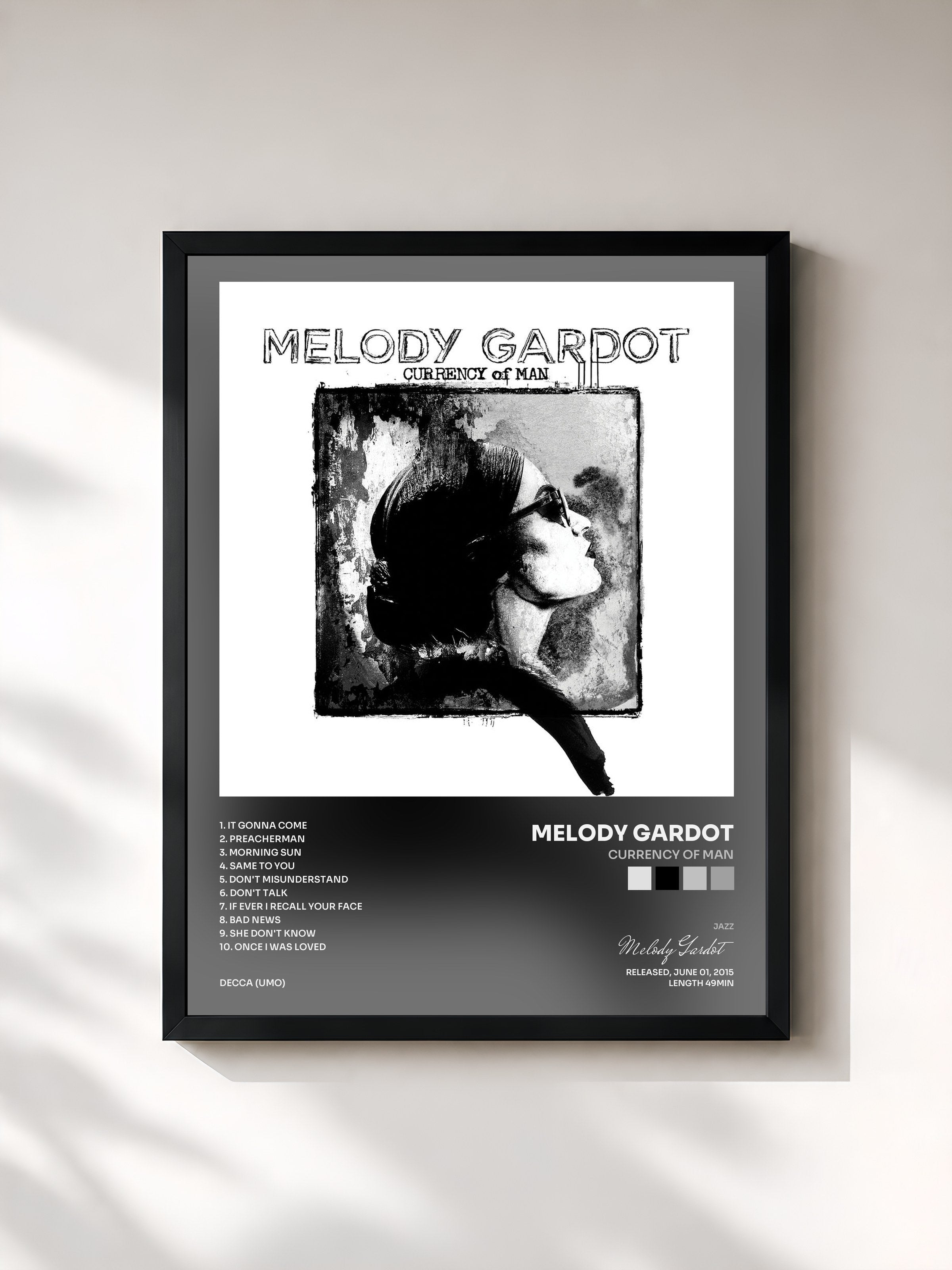 #noir Tableau de l'album Currency Of Man de Melody Gardot, cadre noir, imprimé et encadré en France