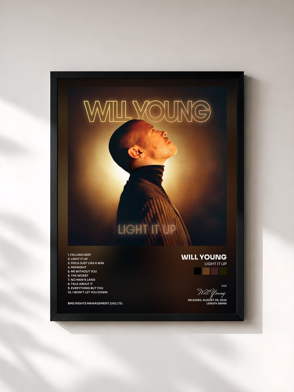 #noir Tableau de l'album Light It Up de Will Young, cadre noir, imprimé et encadré en France