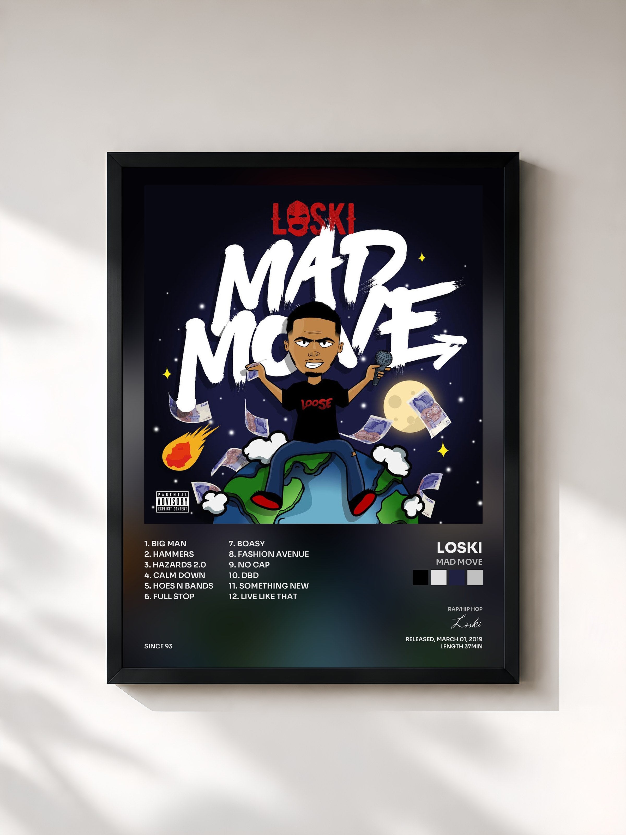 #noir Tableau de l'album Mad Move de Loski, cadre noir, imprimé et encadré en France