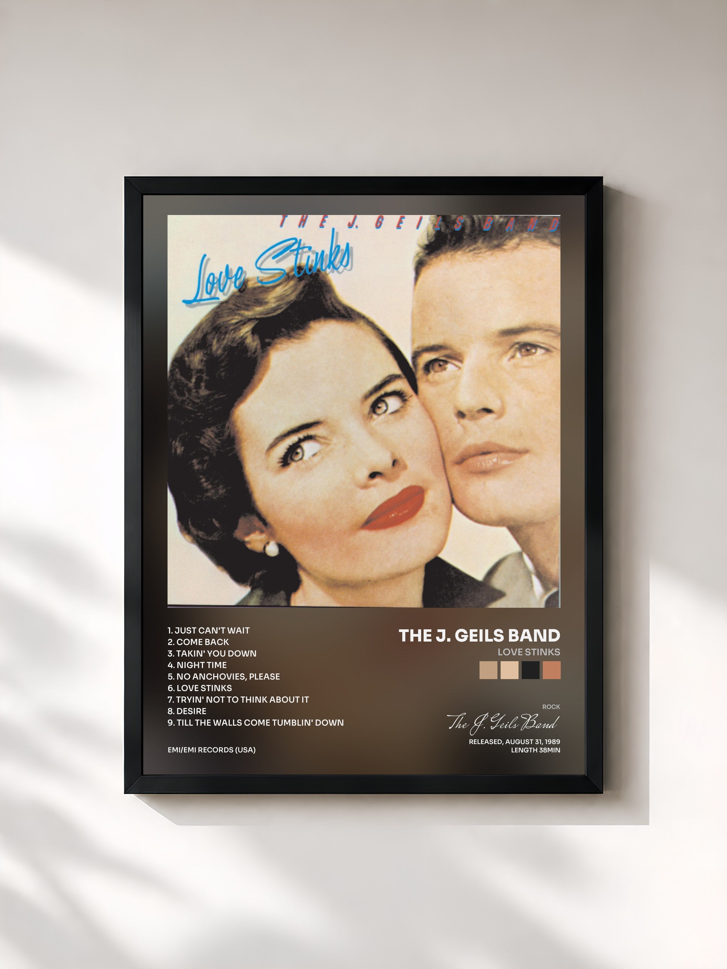 #noir Tableau de l'album Love Stinks de The J. Geils Band, cadre noir, imprimé et encadré en France