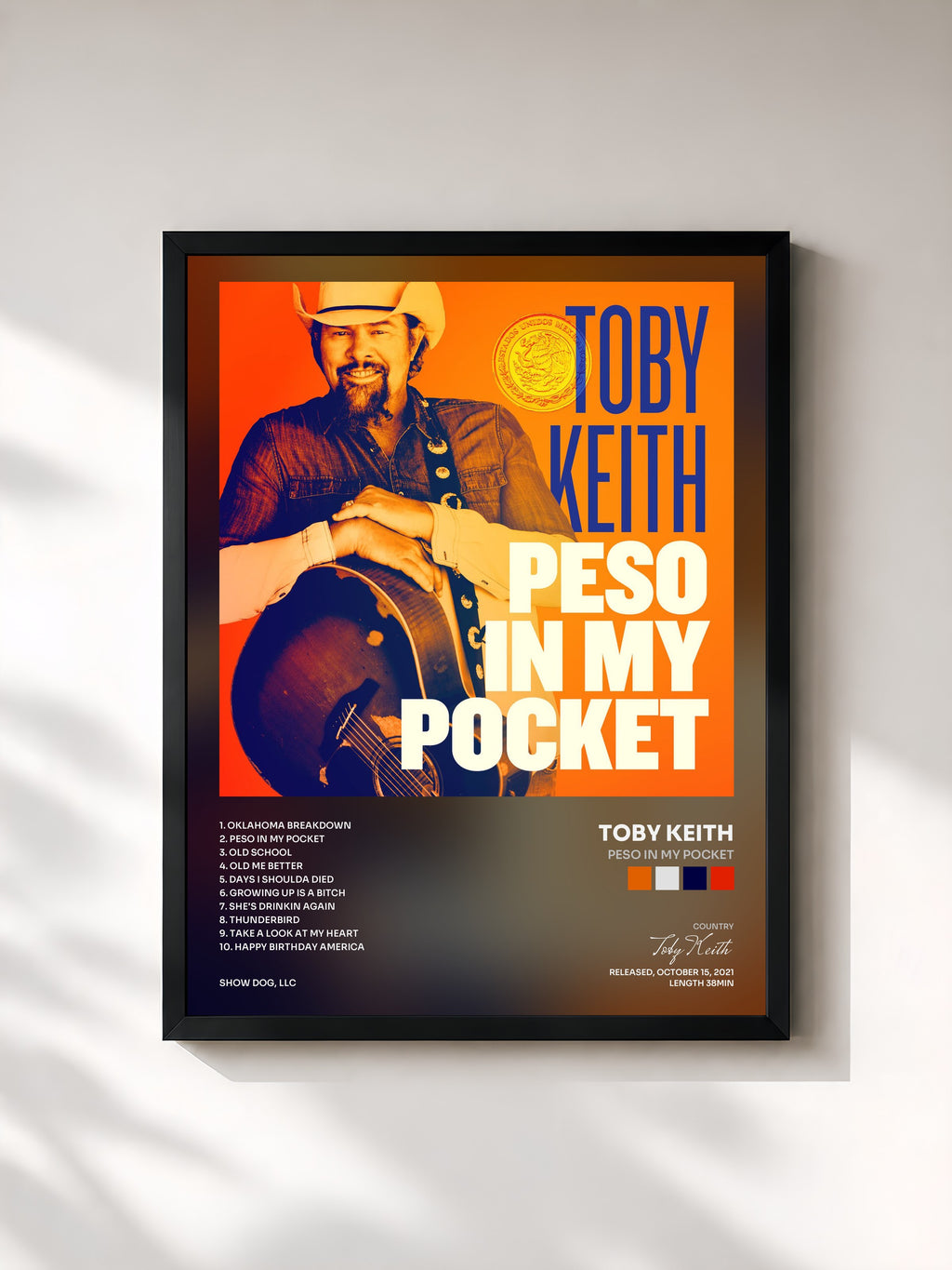#noir Tableau de l'album Peso in My Pocket de Toby Keith, cadre noir, imprimé et encadré en France