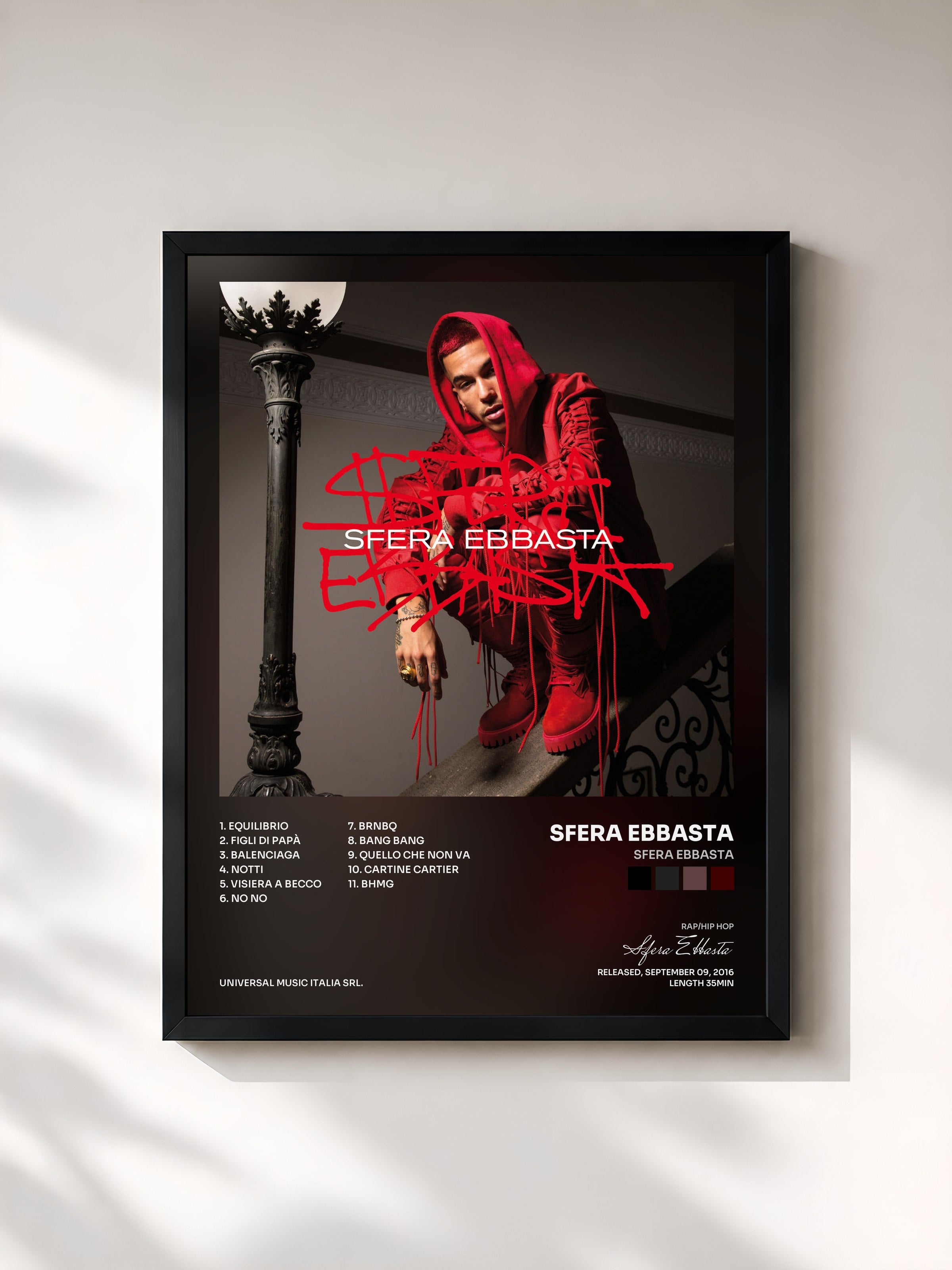 #noir Tableau de l'album Sfera Ebbasta de Sfera Ebbasta, cadre noir, imprimé et encadré en France