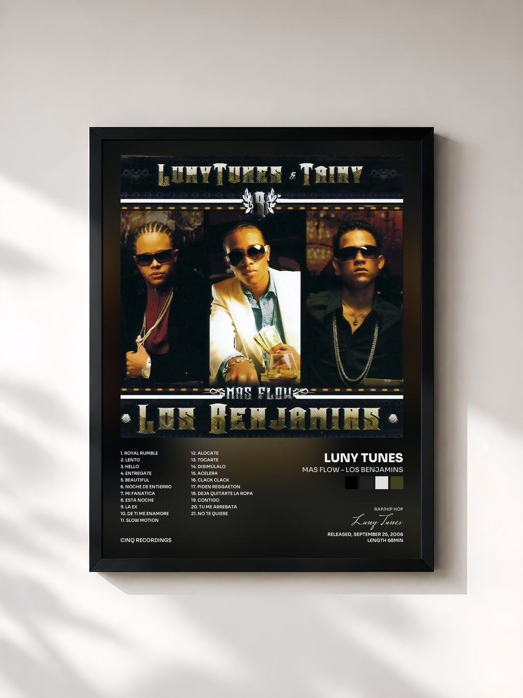 #noir Tableau de l'album Mas Flow - Los Benjamins de Luny Tunes, cadre noir, imprimé et encadré en France