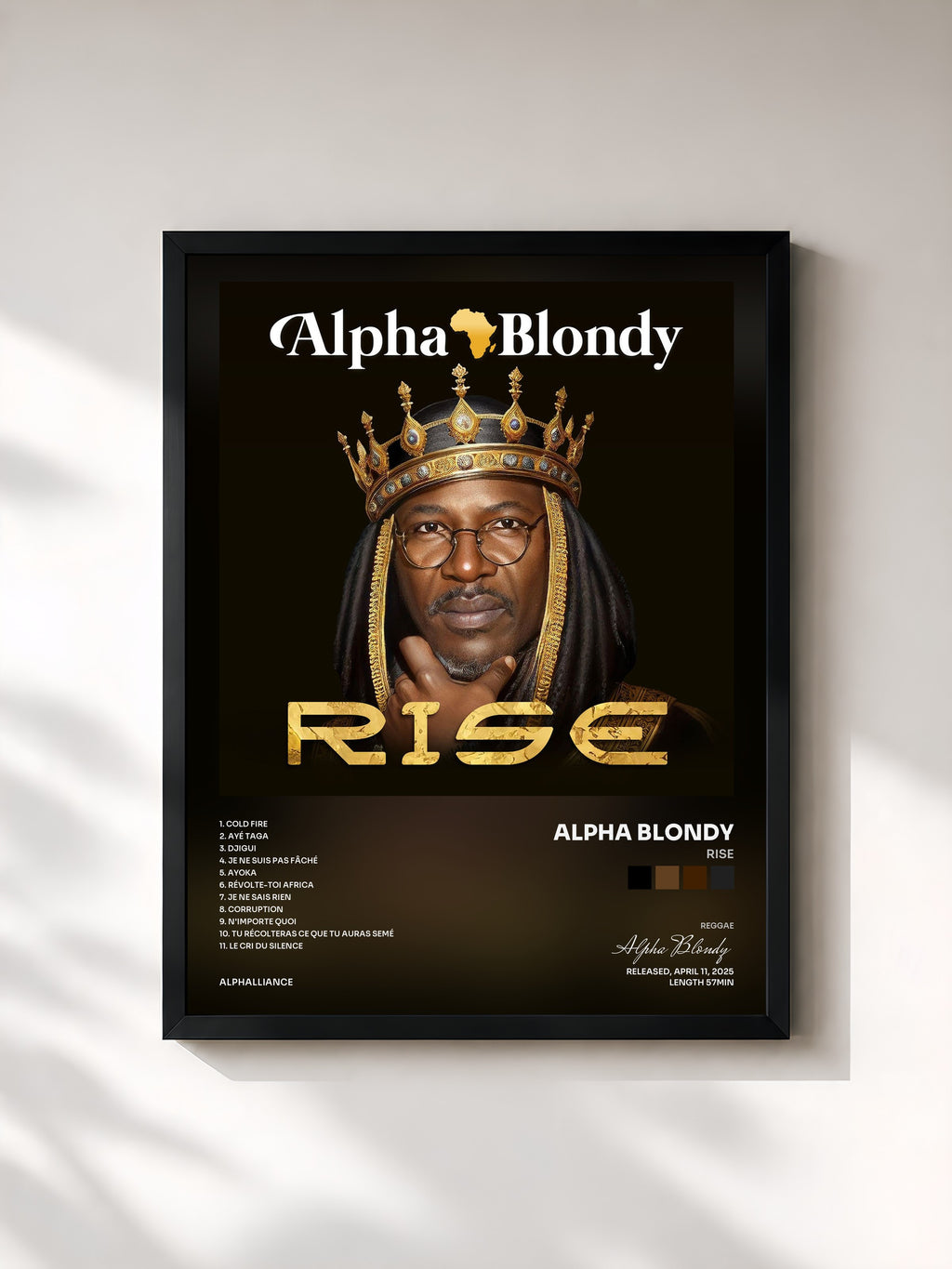 #noir Tableau de l'album Rise de Alpha Blondy, cadre noir, imprimé et encadré en France