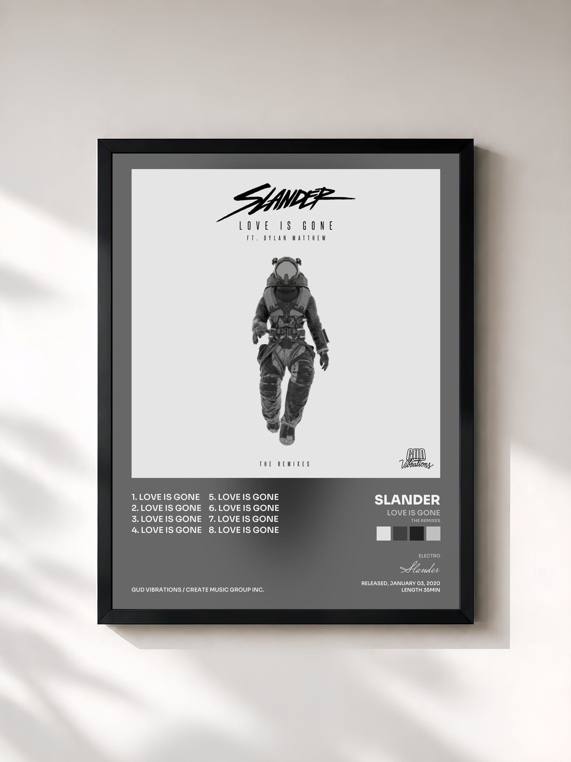 #noir Tableau de l'album Love Is Gone (The Remixes) de Slander, cadre noir, imprimé et encadré en France