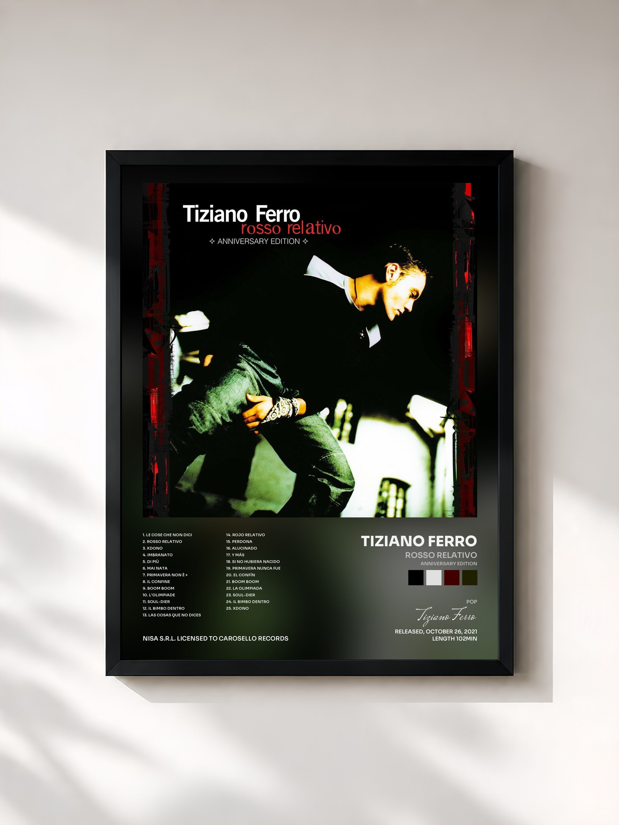 #noir Tableau de l'album Rosso Relativo (Anniversary Edition) de Tiziano Ferro, cadre noir, imprimé et encadré en France