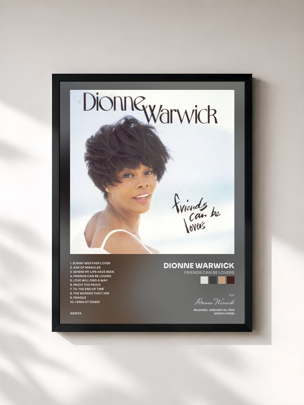 #noir Tableau de l'album Friends Can Be Lovers de Dionne Warwick, cadre noir, imprimé et encadré en France