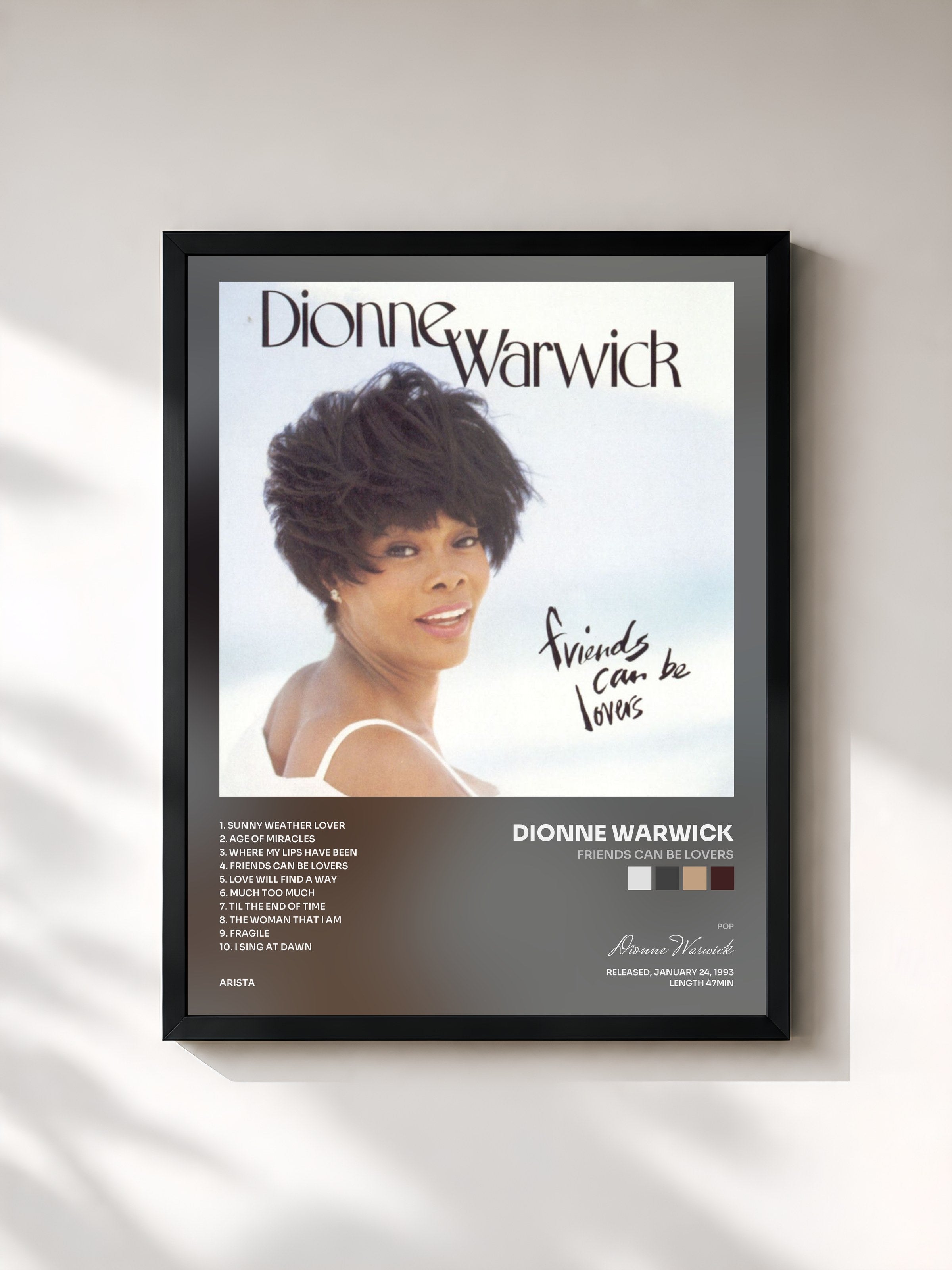 #noir Tableau de l'album Friends Can Be Lovers de Dionne Warwick, cadre noir, imprimé et encadré en France