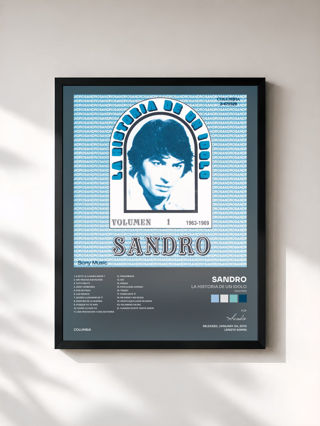#noir Tableau de l'album La Historia De Un Idolo (1963/1969) Vol. 1 de Sandro, cadre noir, imprimé et encadré en France