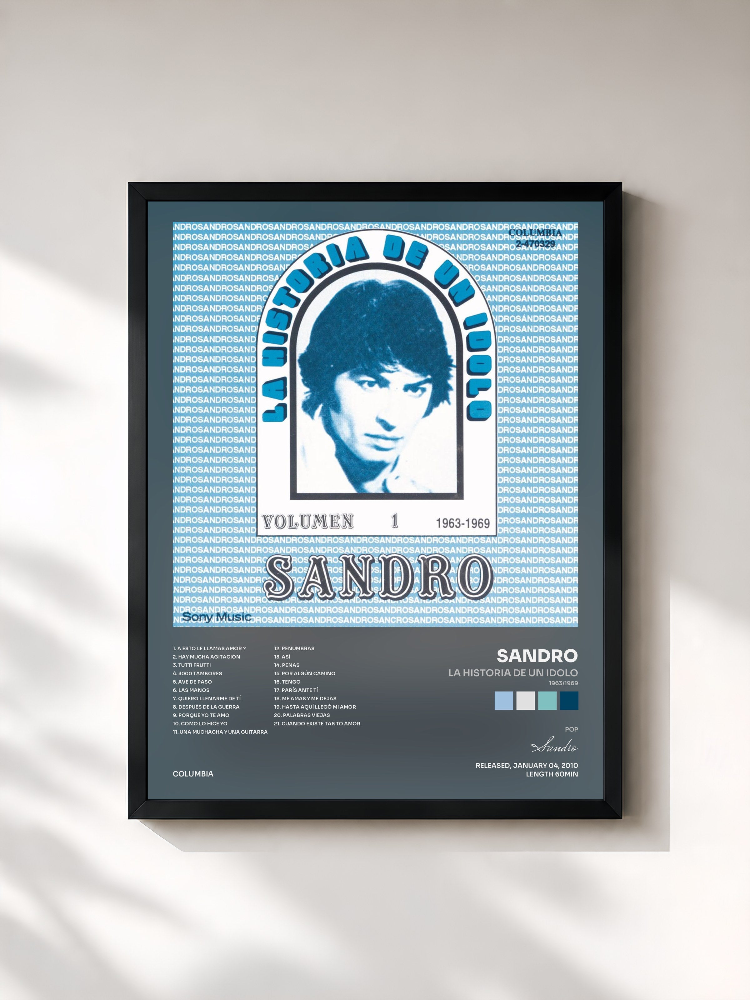 #noir Tableau de l'album La Historia De Un Idolo (1963/1969) Vol. 1 de Sandro, cadre noir, imprimé et encadré en France