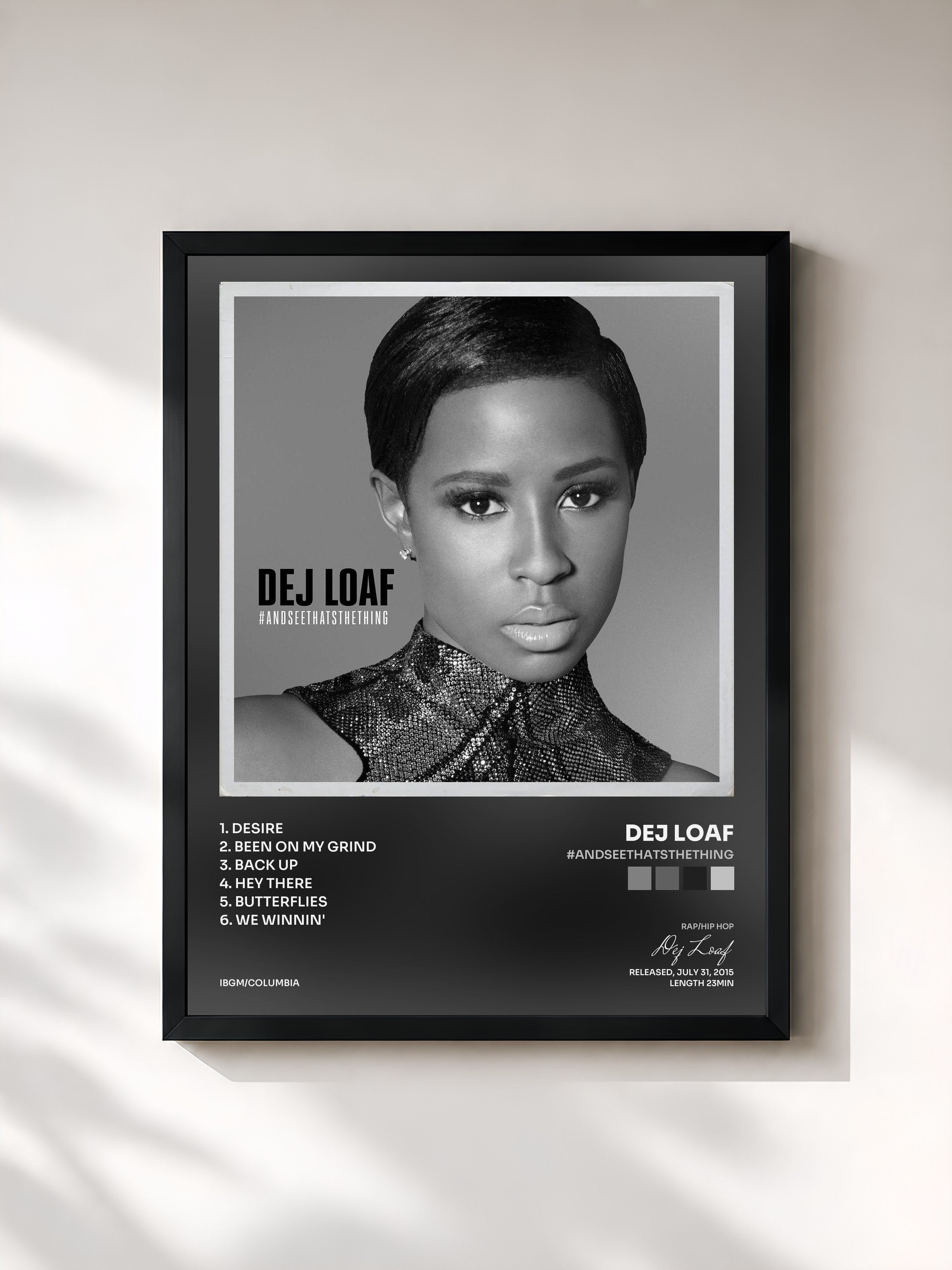 #noir Tableau de l'album #AndSeeThatsTheThing de Dej Loaf, cadre noir, imprimé et encadré en France