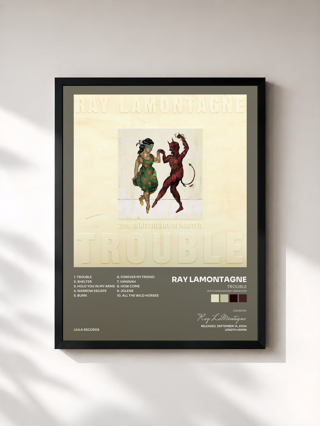 #noir Tableau de l'album Trouble (20th Anniversary Remaster) de Ray LaMontagne, cadre noir, imprimé et encadré en France