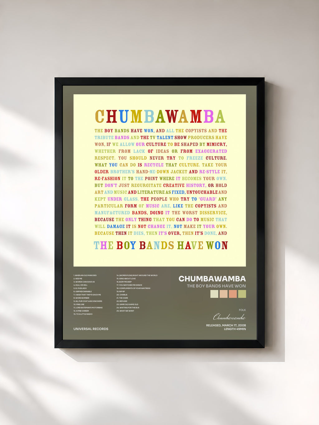 #noir Tableau de l'album The Boy Bands Have Won de Chumbawamba, cadre noir, imprimé et encadré en France