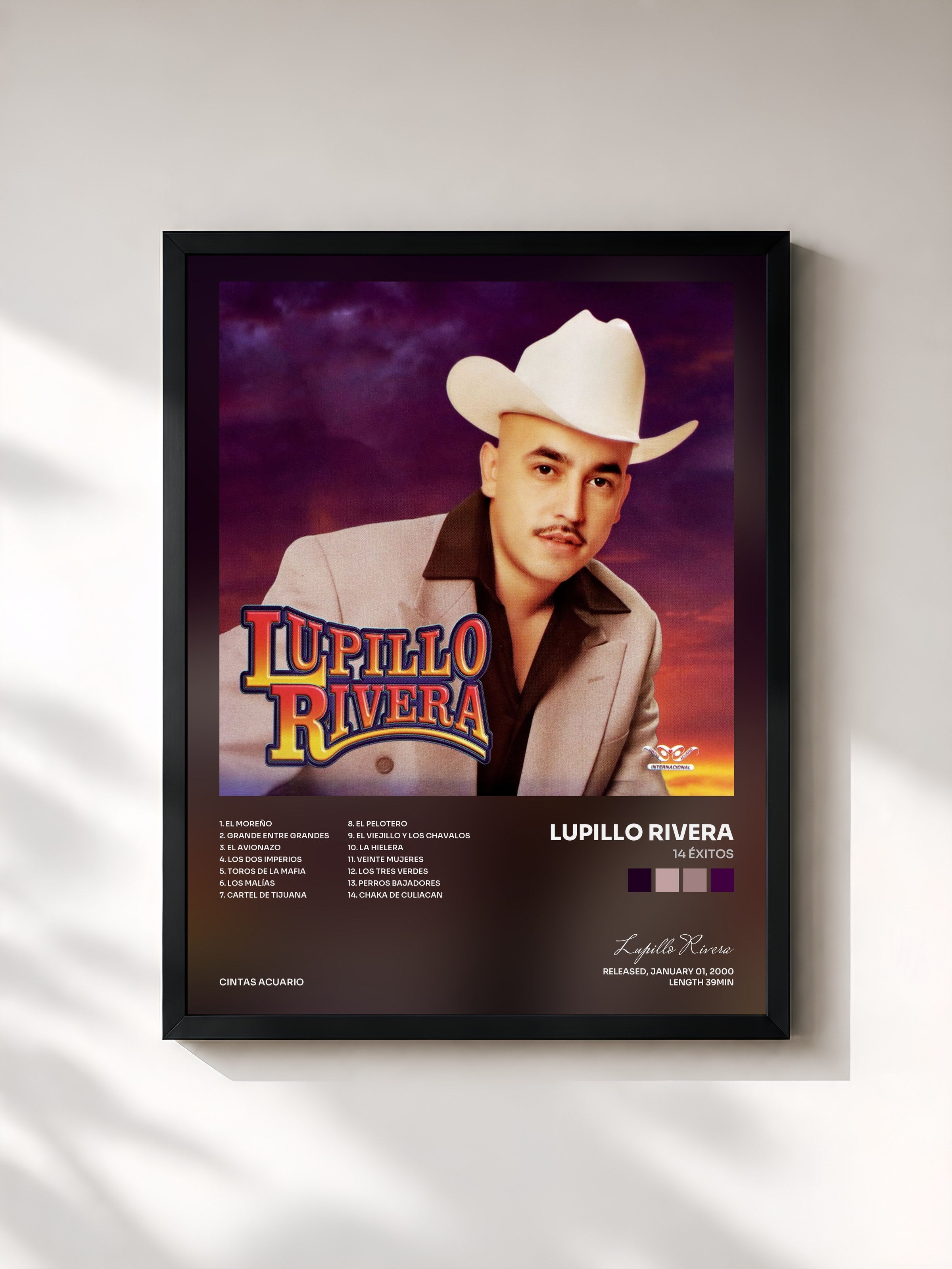 #noir Tableau de l'album 14 Éxitos de Lupillo Rivera, cadre noir, imprimé et encadré en France