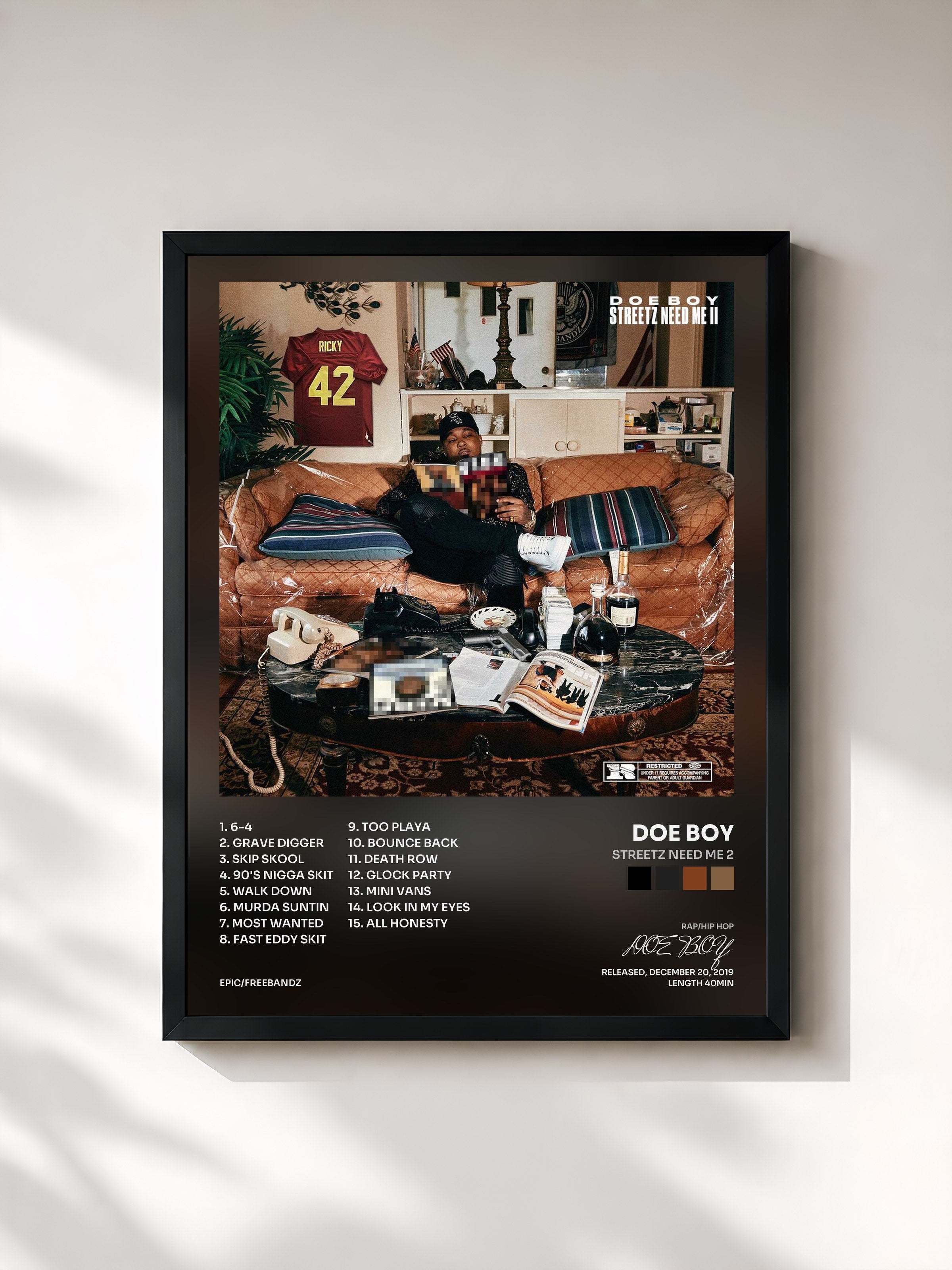#noir Tableau de l'album Streetz Need Me 2 de DOE BOY, cadre noir, imprimé et encadré en France