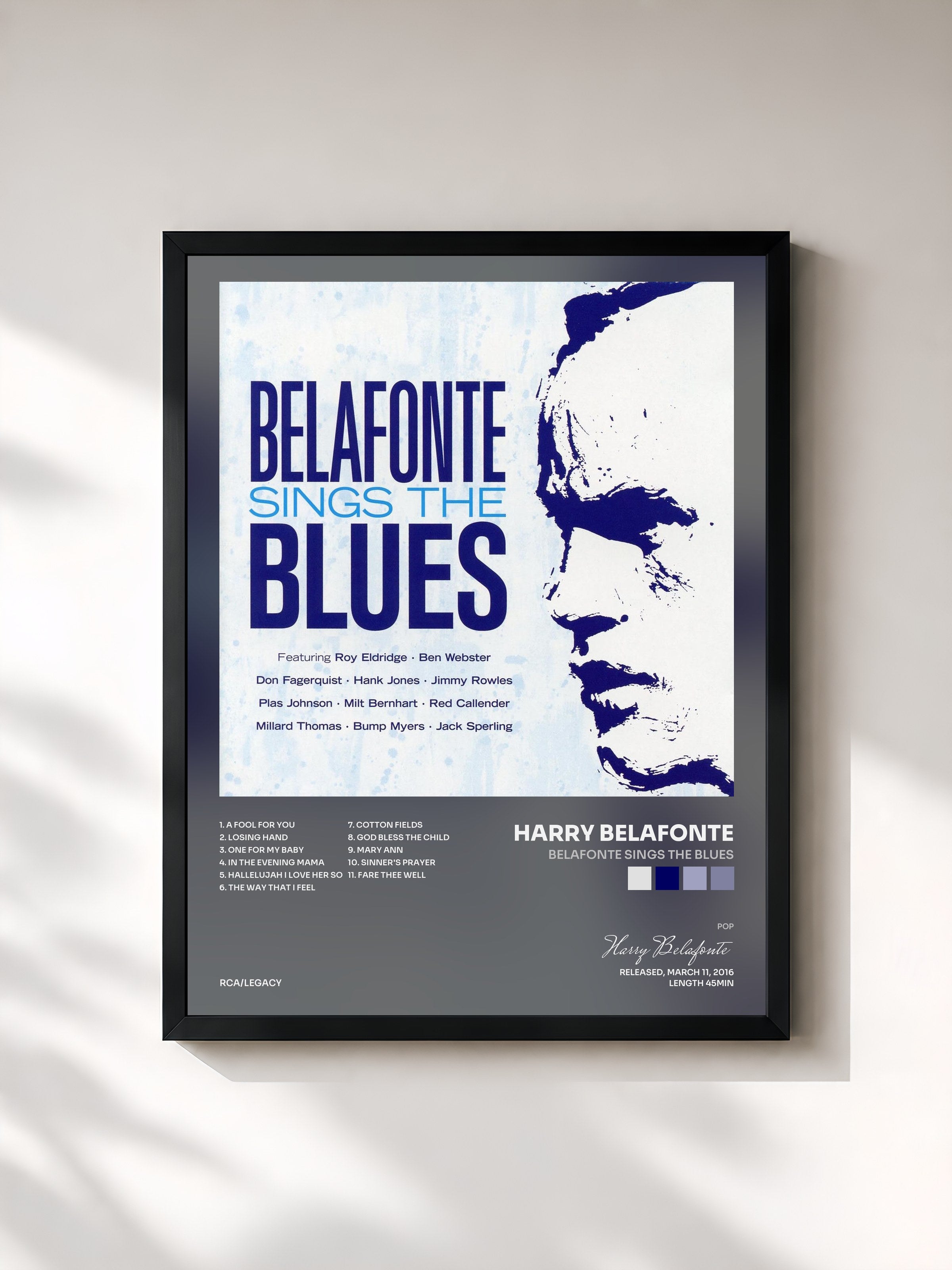 #noir Tableau de l'album Belafonte Sings the Blues de Harry Belafonte, cadre noir, imprimé et encadré en France