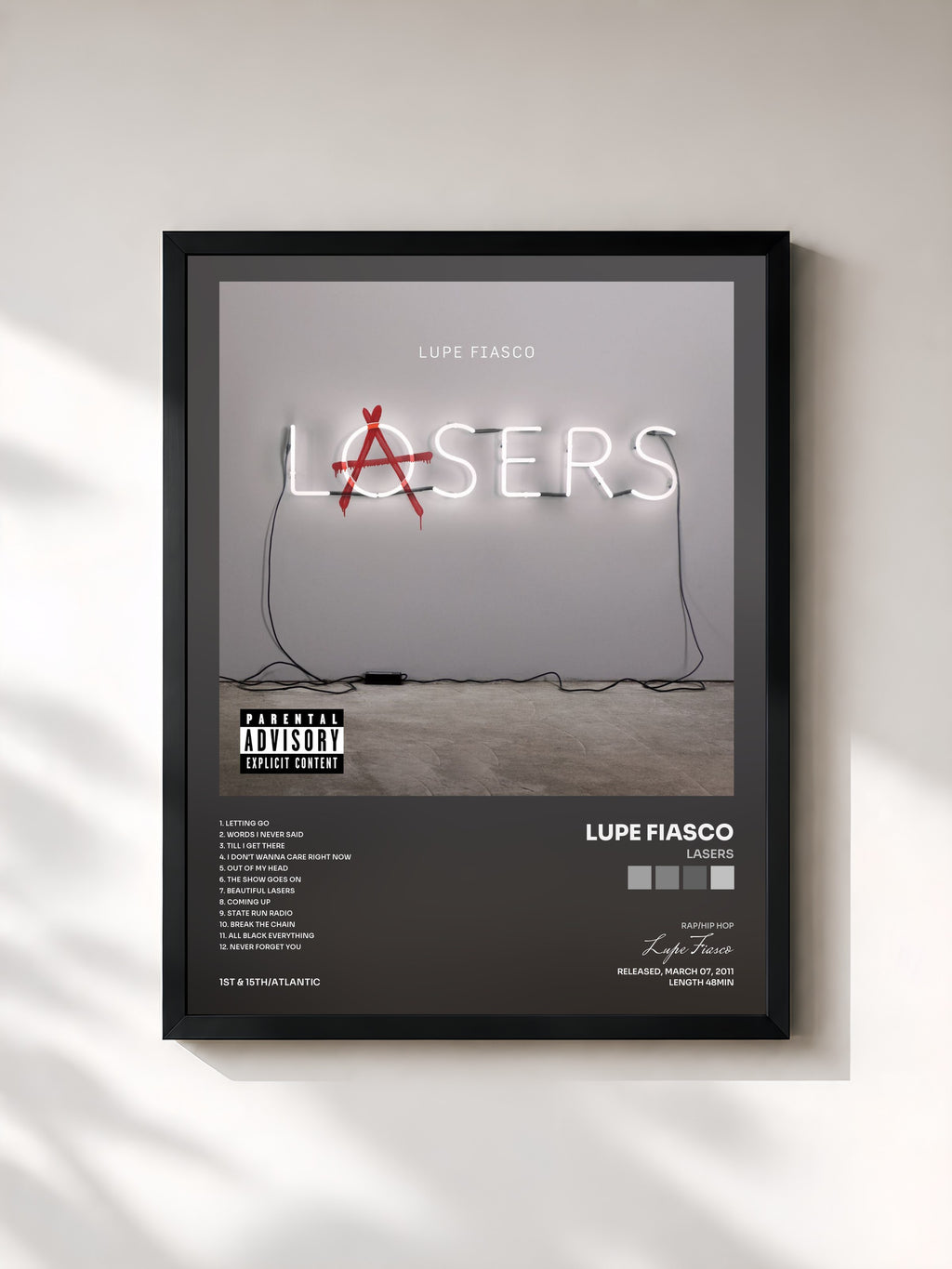 #noir Tableau de l'album Lasers de Lupe Fiasco, cadre noir, imprimé et encadré en France