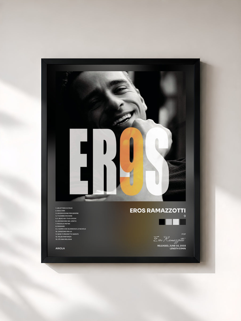 #noir Tableau de l'album 9 de Eros Ramazzotti, cadre noir, imprimé et encadré en France