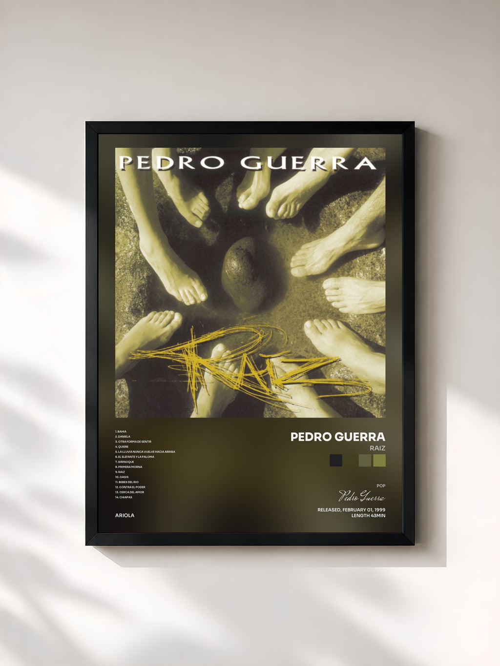 #noir Tableau de l'album Raiz de Pedro Guerra, cadre noir, imprimé et encadré en France