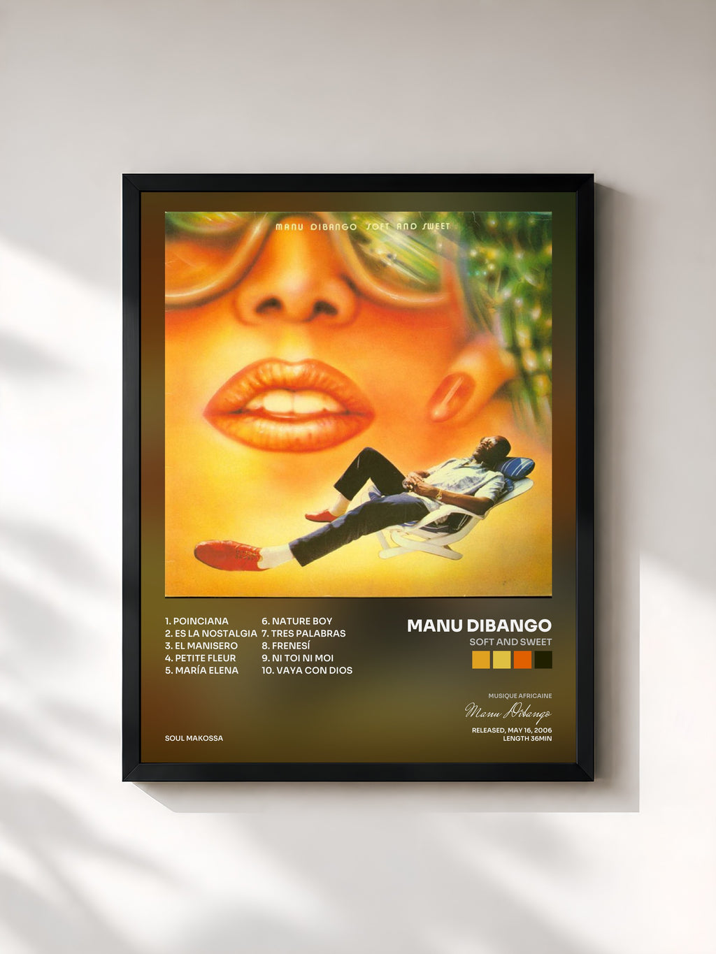 #noir Tableau de l'album Soft And Sweet de Manu Dibango, cadre noir, imprimé et encadré en France