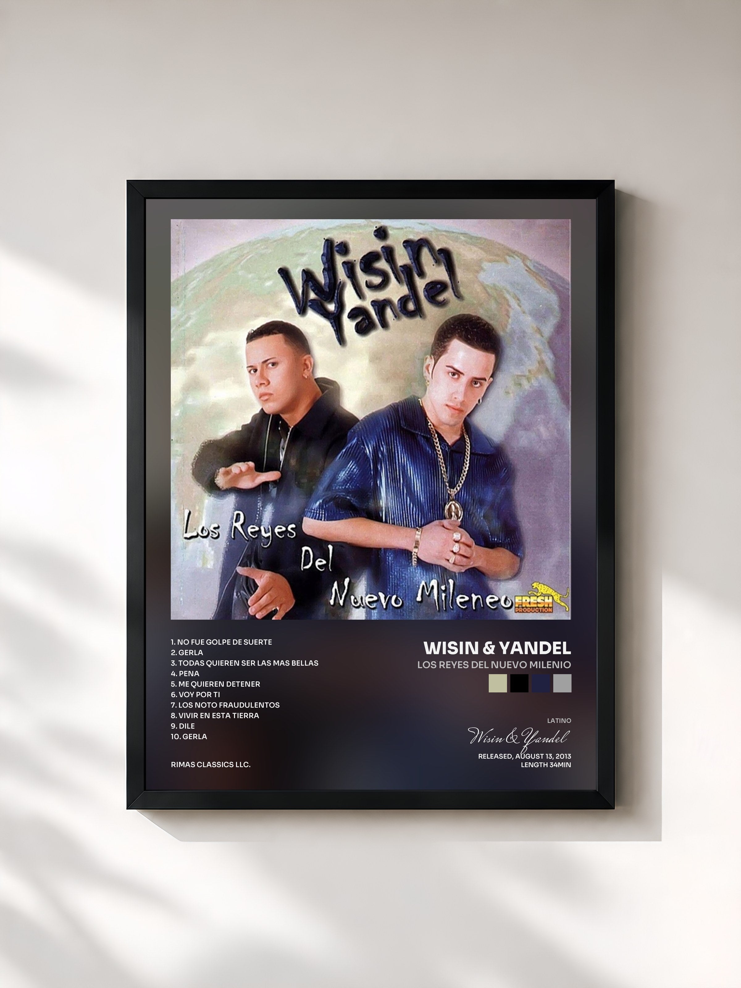 #noir Tableau de l'album Los Reyes del Nuevo Milenio de Wisin & Yandel, cadre noir, imprimé et encadré en France