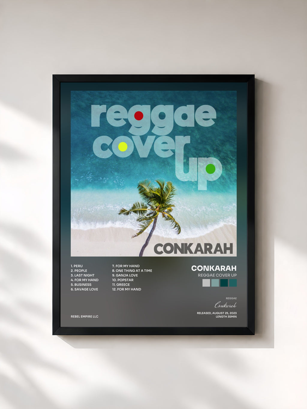 #noir Tableau de l'album Reggae Cover Up de Conkarah, cadre noir, imprimé et encadré en France