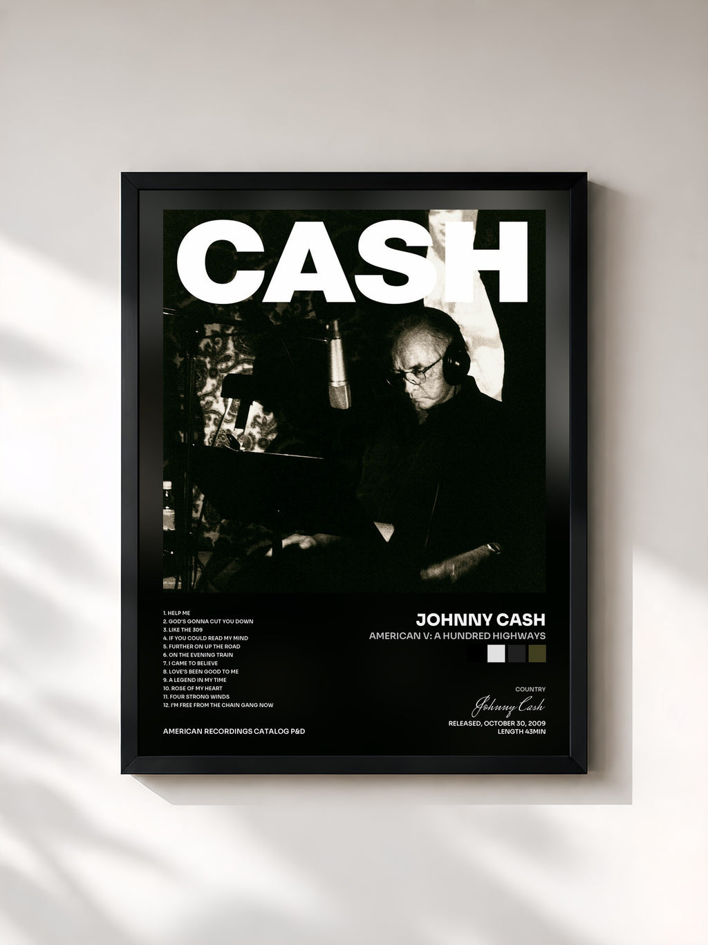 #noir Tableau de l'album American V: A Hundred Highways de Johnny Cash, cadre noir, imprimé et encadré en France