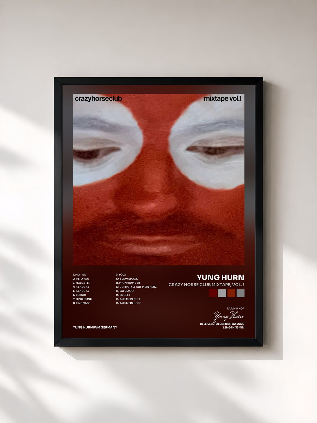 #noir Tableau de l'album CRAZY HORSE CLUB MIXTAPE, VOL. 1 de Yung Hurn, cadre noir, imprimé et encadré en France