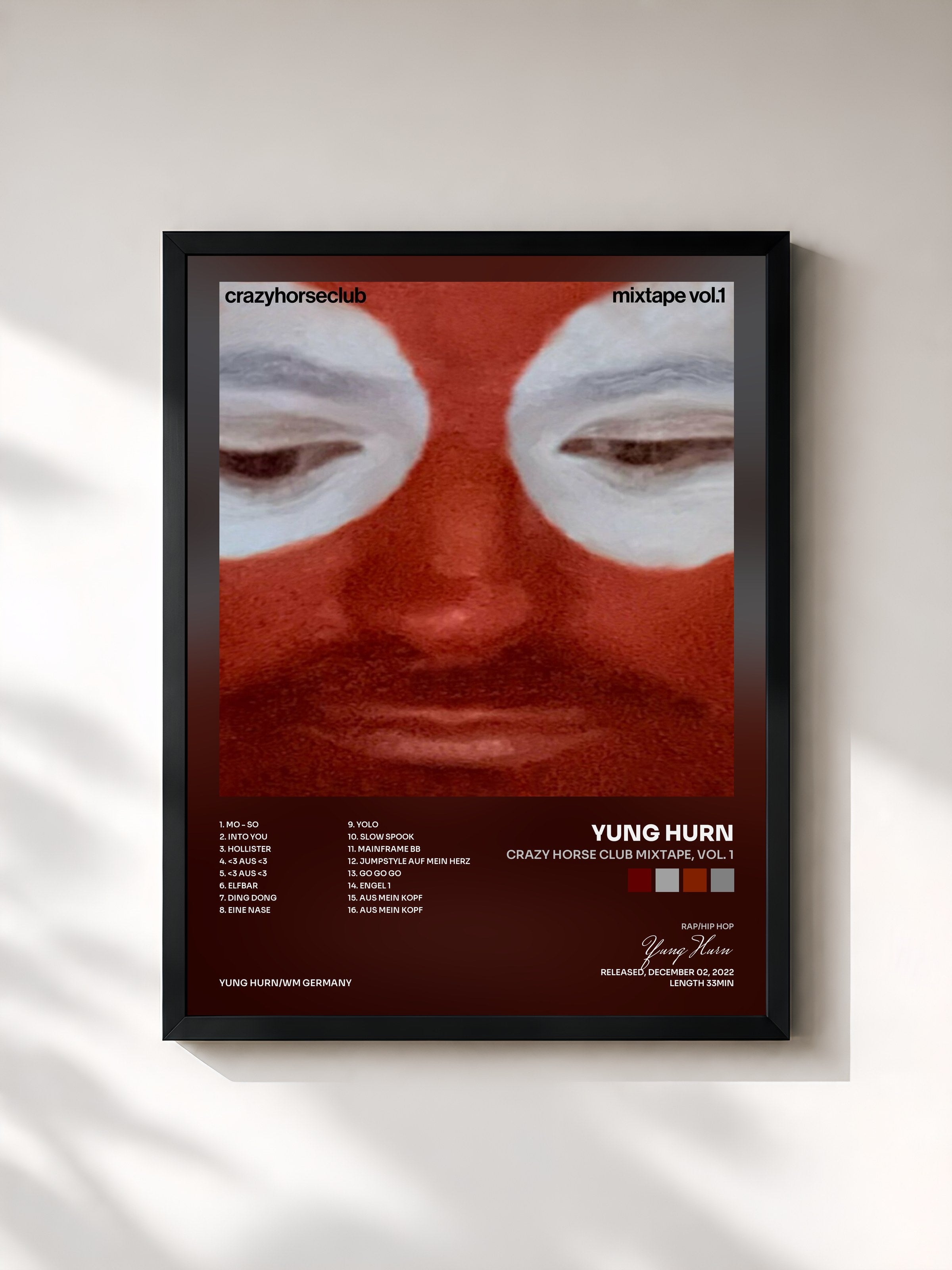#noir Tableau de l'album CRAZY HORSE CLUB MIXTAPE, VOL. 1 de Yung Hurn, cadre noir, imprimé et encadré en France