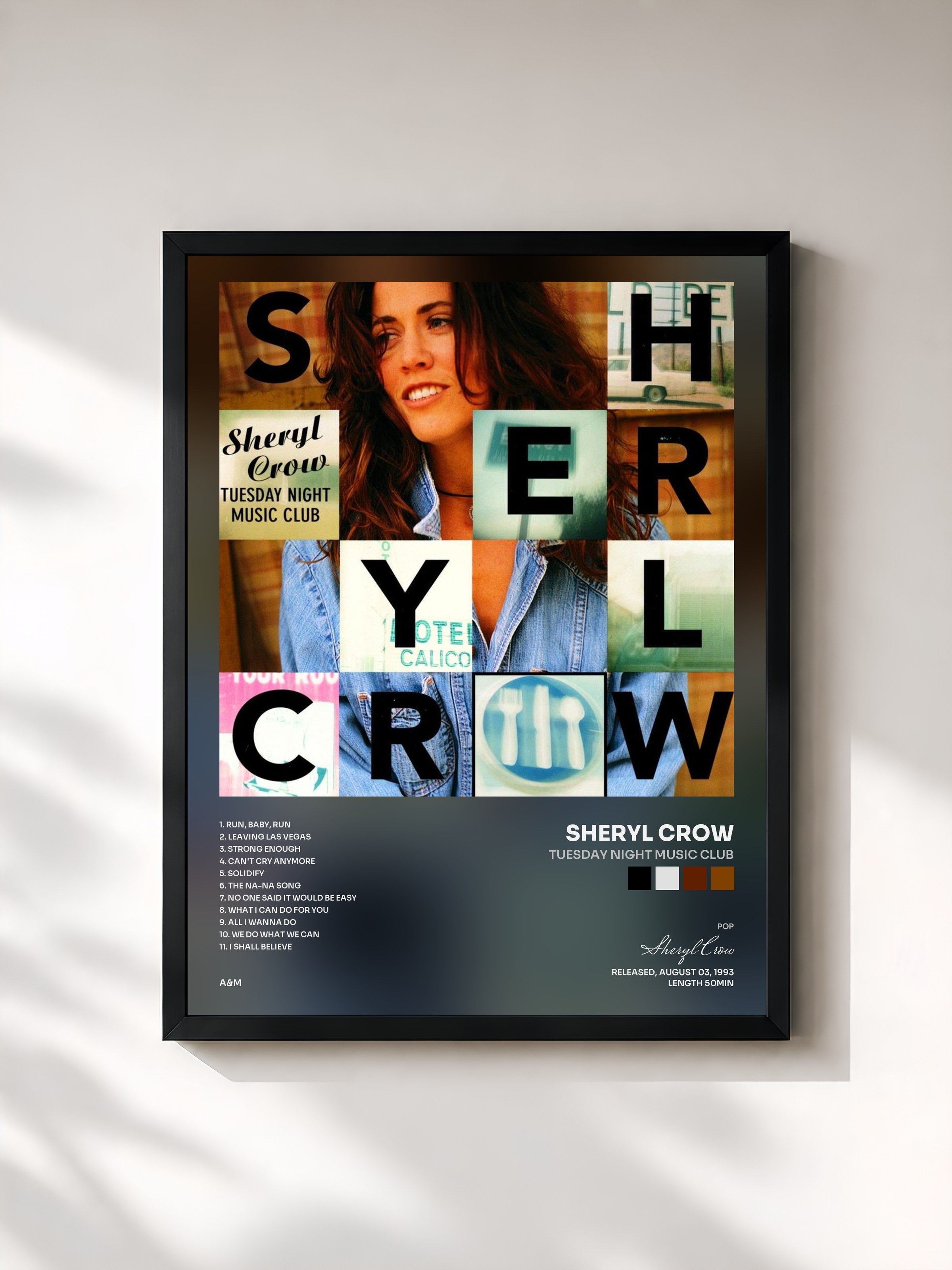 #noir Tableau de l'album Tuesday Night Music Club de Sheryl Crow, cadre noir, imprimé et encadré en France