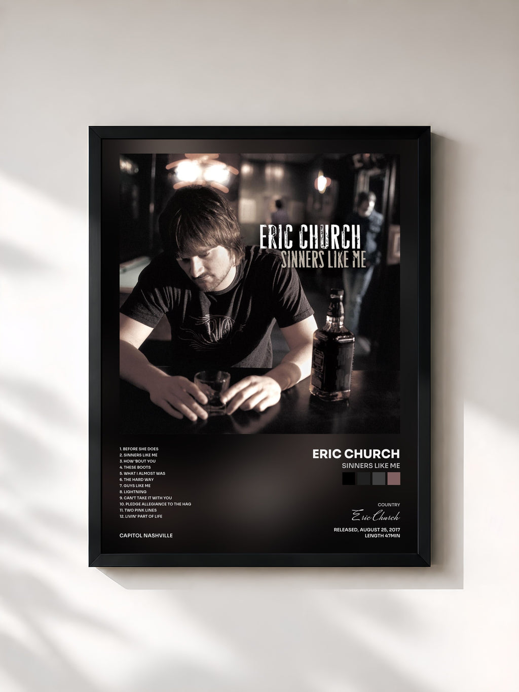 #noir Tableau de l'album Sinners Like Me de Eric Church, cadre noir, imprimé et encadré en France