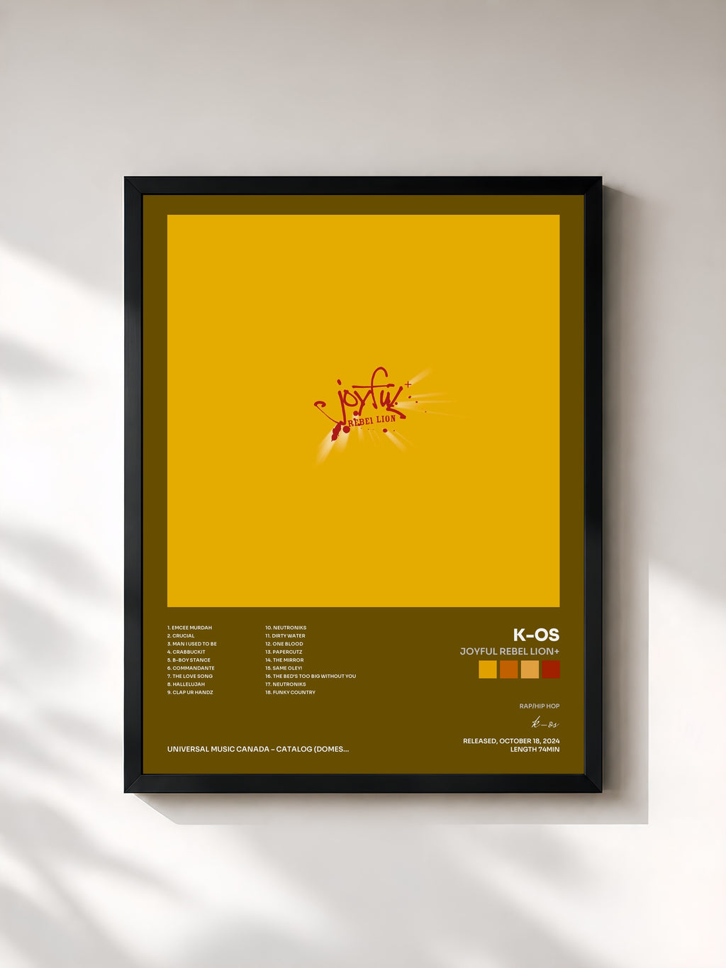 #noir Tableau de l'album Joyful Rebel Lion+ de k-os, cadre noir, imprimé et encadré en France