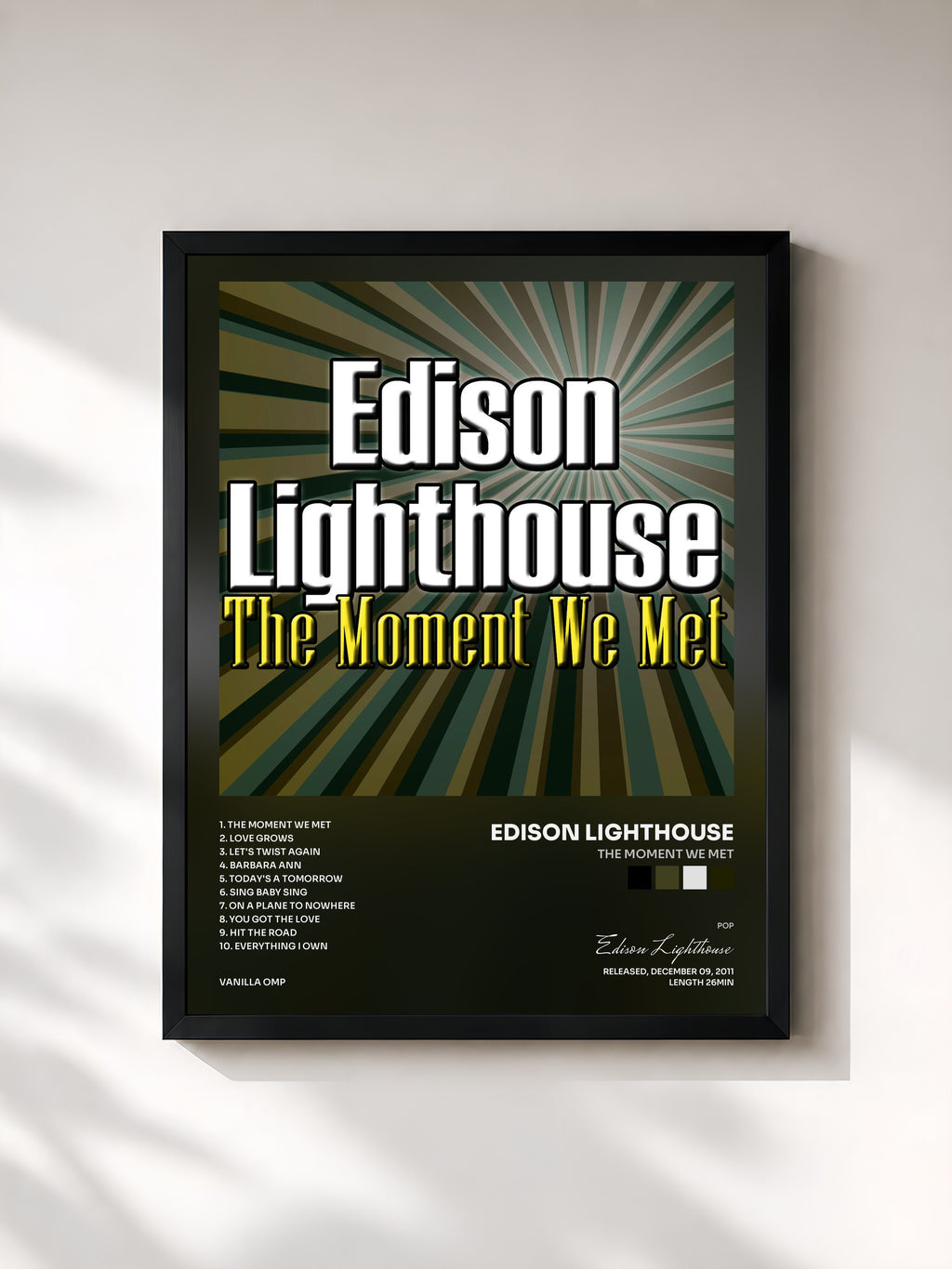 #noir Tableau de l'album The Moment We Met de Edison Lighthouse, cadre noir, imprimé et encadré en France