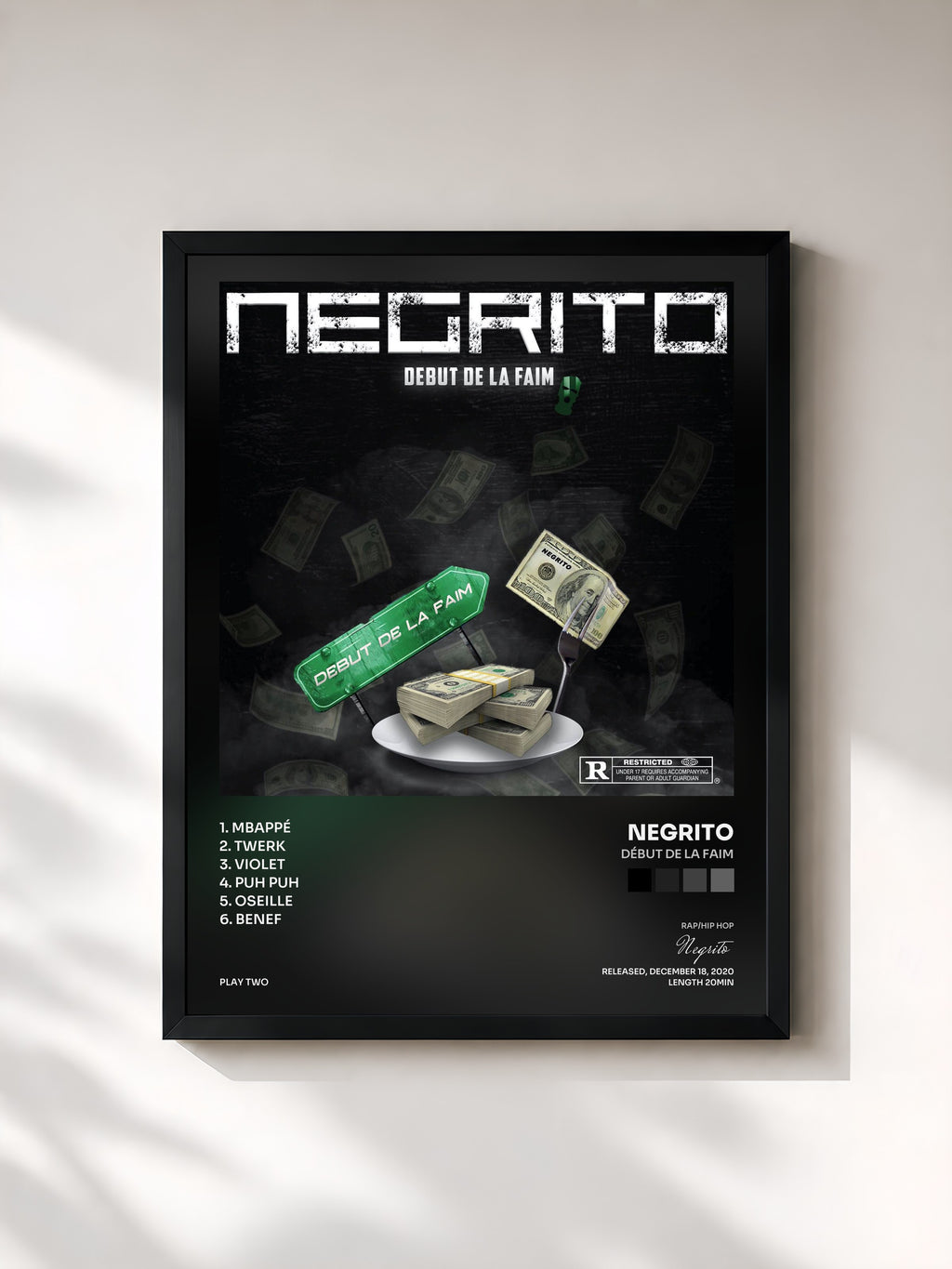 #noir Tableau de l'album Début de la faim de Negrito, cadre noir, imprimé et encadré en France