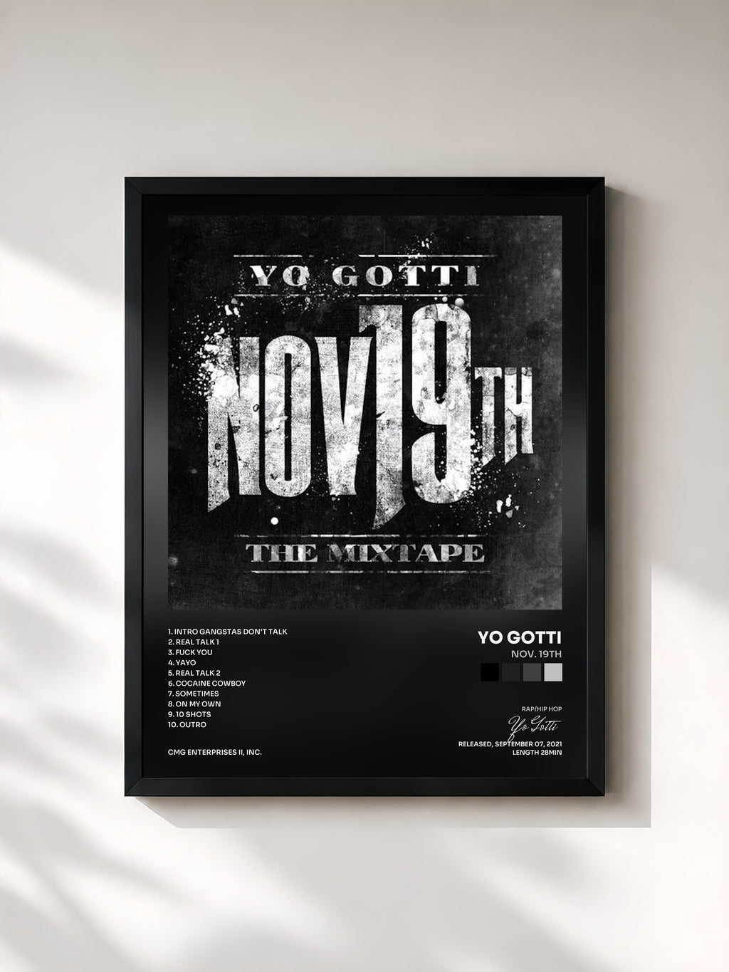 #noir Tableau de l'album Nov. 19th de Yo Gotti, cadre noir, imprimé et encadré en France