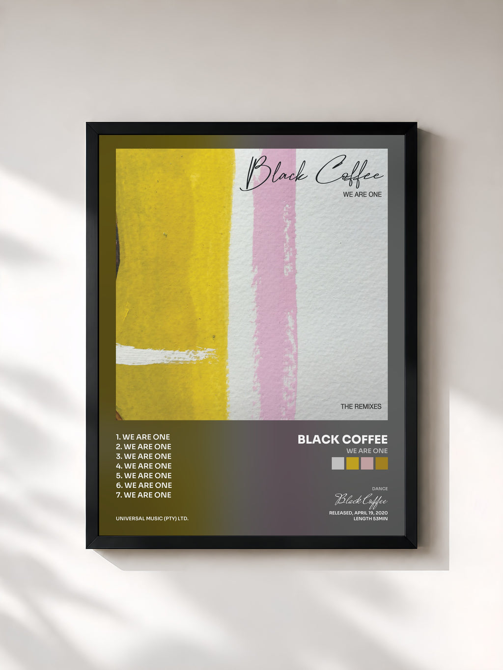 #noir Tableau de l'album We Are One de Black Coffee, cadre noir, imprimé et encadré en France