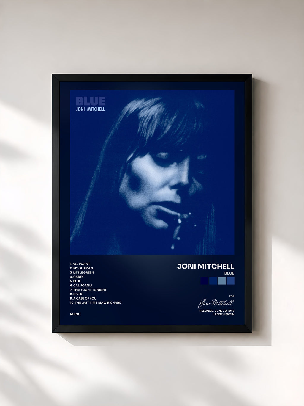 #noir Tableau de l'album Blue de Joni Mitchell, cadre noir, imprimé et encadré en France