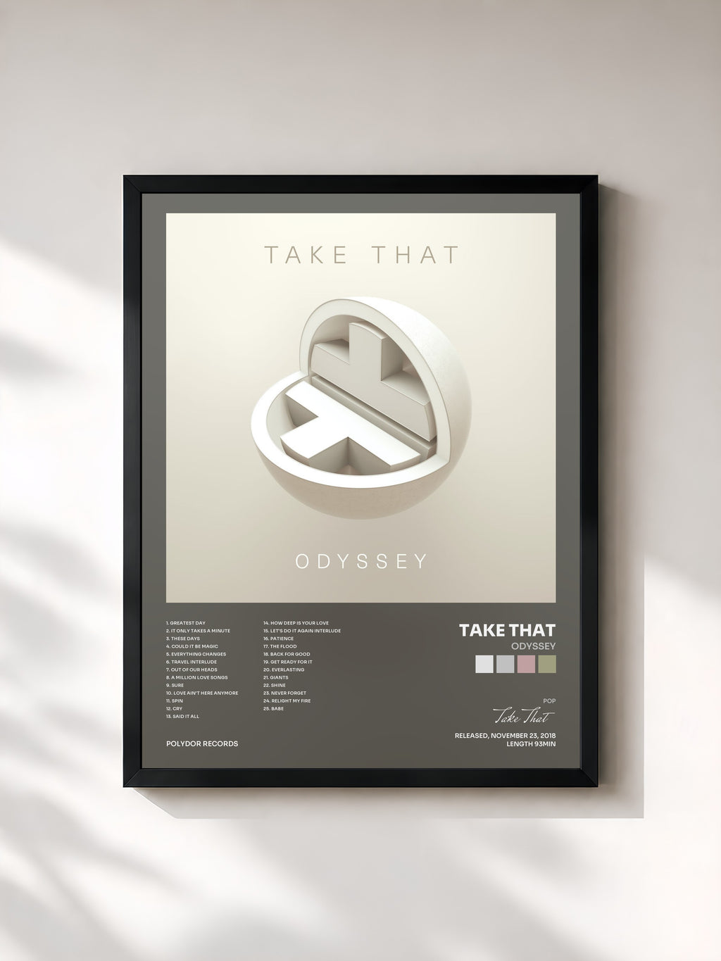 #noir Tableau de l'album Odyssey de Take That, cadre noir, imprimé et encadré en France
