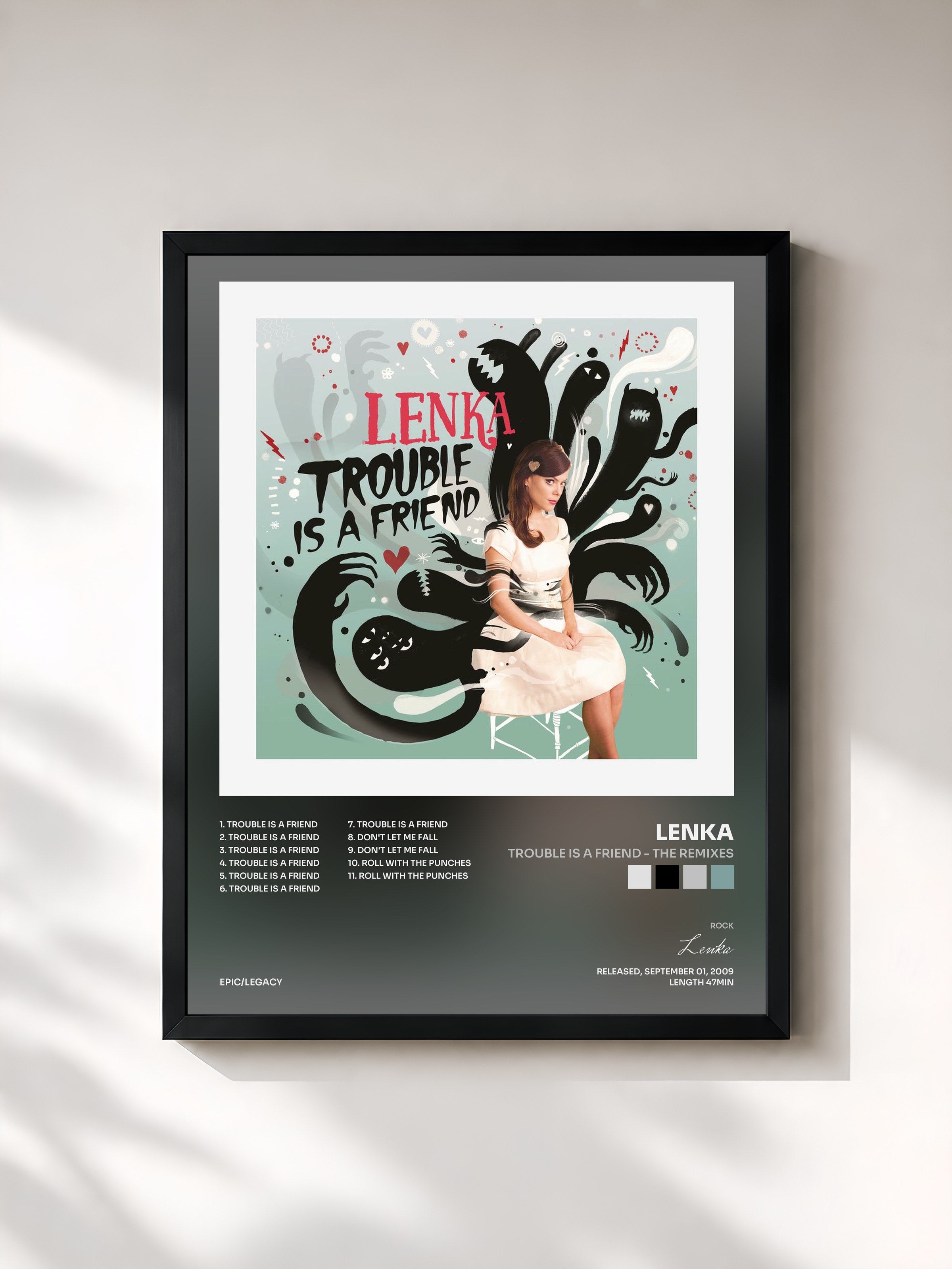 #noir Tableau de l'album Trouble Is A Friend - The Remixes de Lenka, cadre noir, imprimé et encadré en France