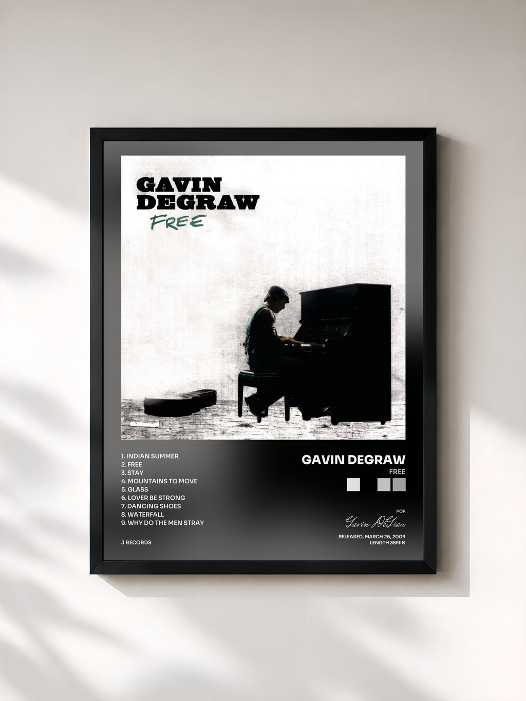 #noir Tableau de l'album FREE de Gavin DeGraw, cadre noir, imprimé et encadré en France