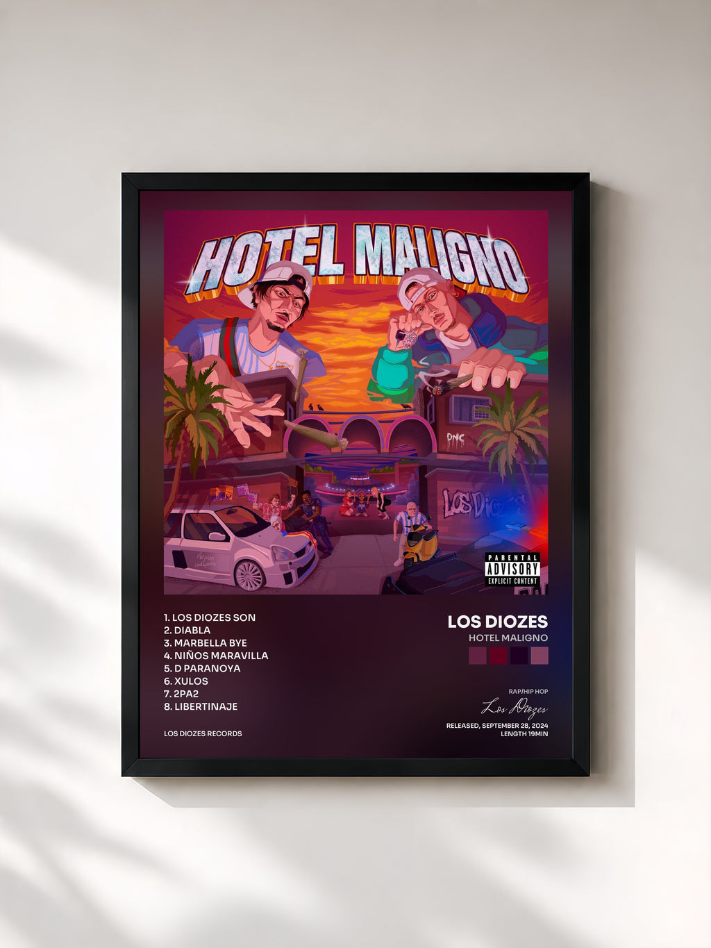 #noir Tableau de l'album HOTEL MALIGNO de Los Diozes, cadre noir, imprimé et encadré en France