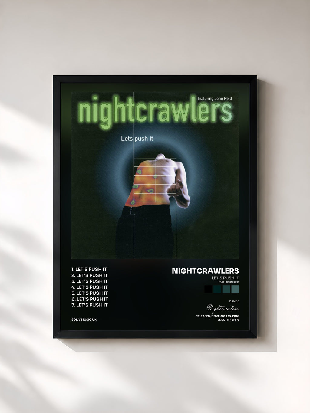 #noir Tableau de l'album Let's Push It (feat. John Reid) de Nightcrawlers, cadre noir, imprimé et encadré en France
