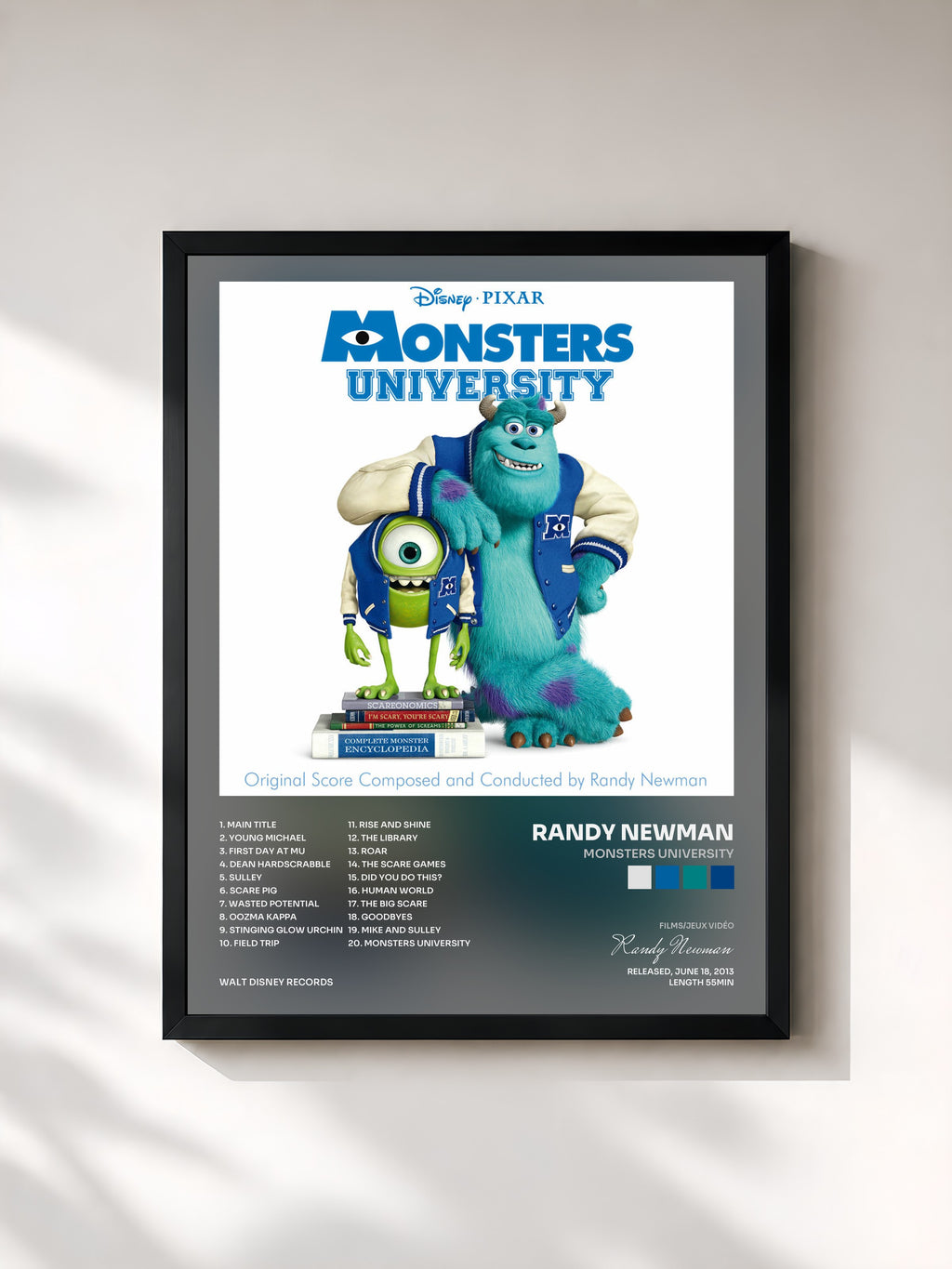 #noir Tableau de l'album Monsters University de Randy Newman, cadre noir, imprimé et encadré en France