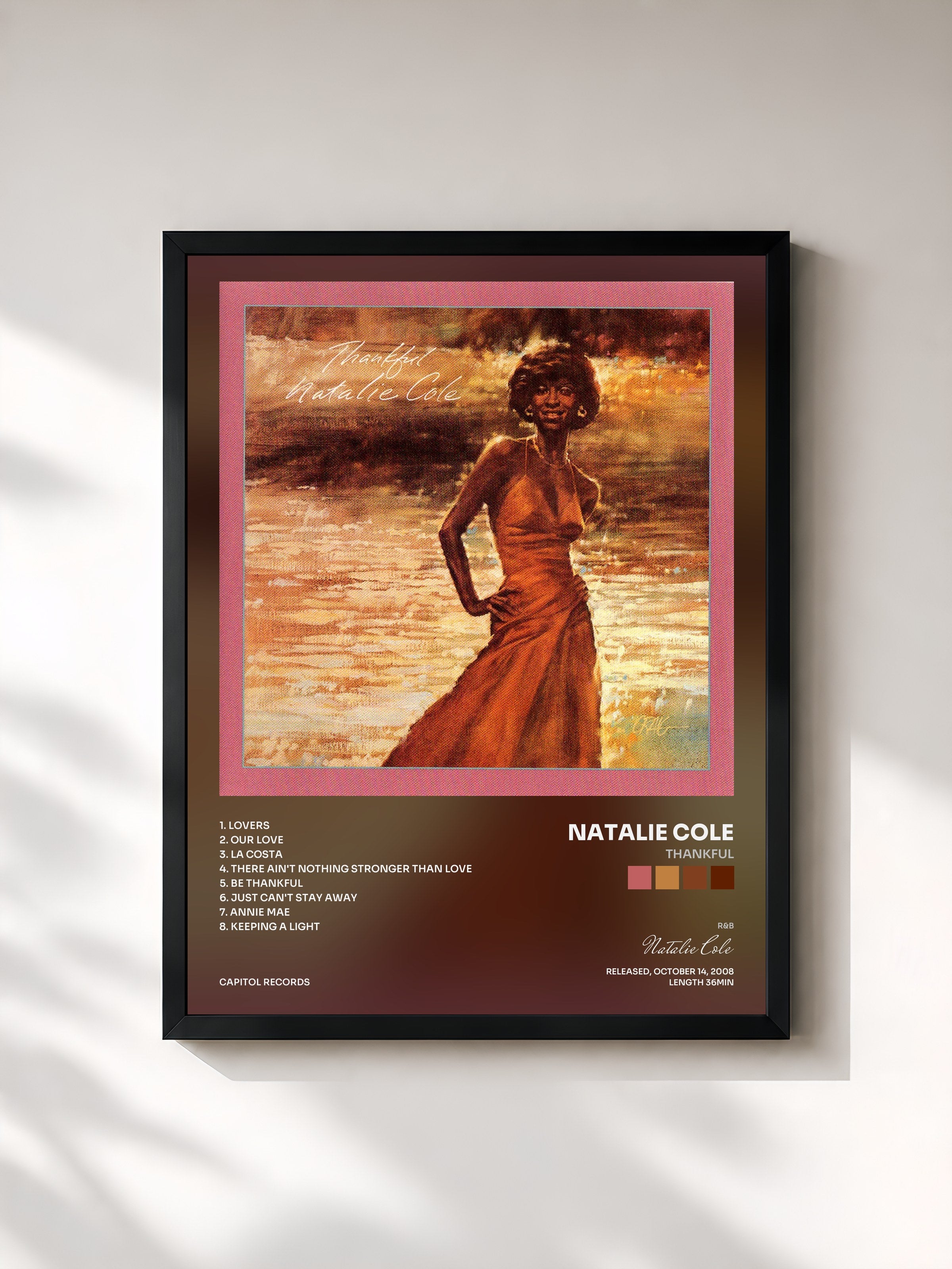 #noir Tableau de l'album Thankful de Natalie Cole, cadre noir, imprimé et encadré en France