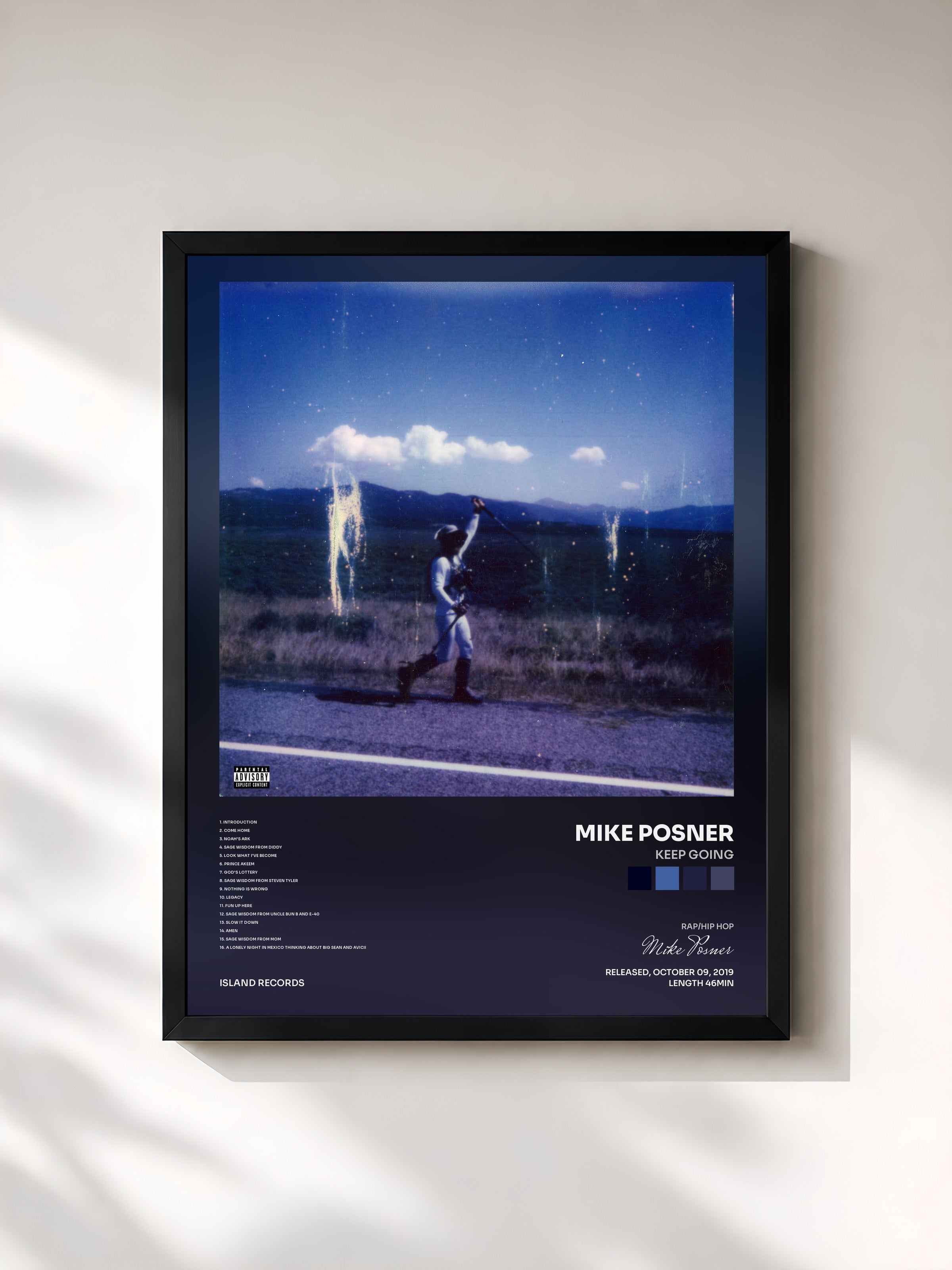 #noir Tableau de l'album Keep Going de Mike Posner, cadre noir, imprimé et encadré en France